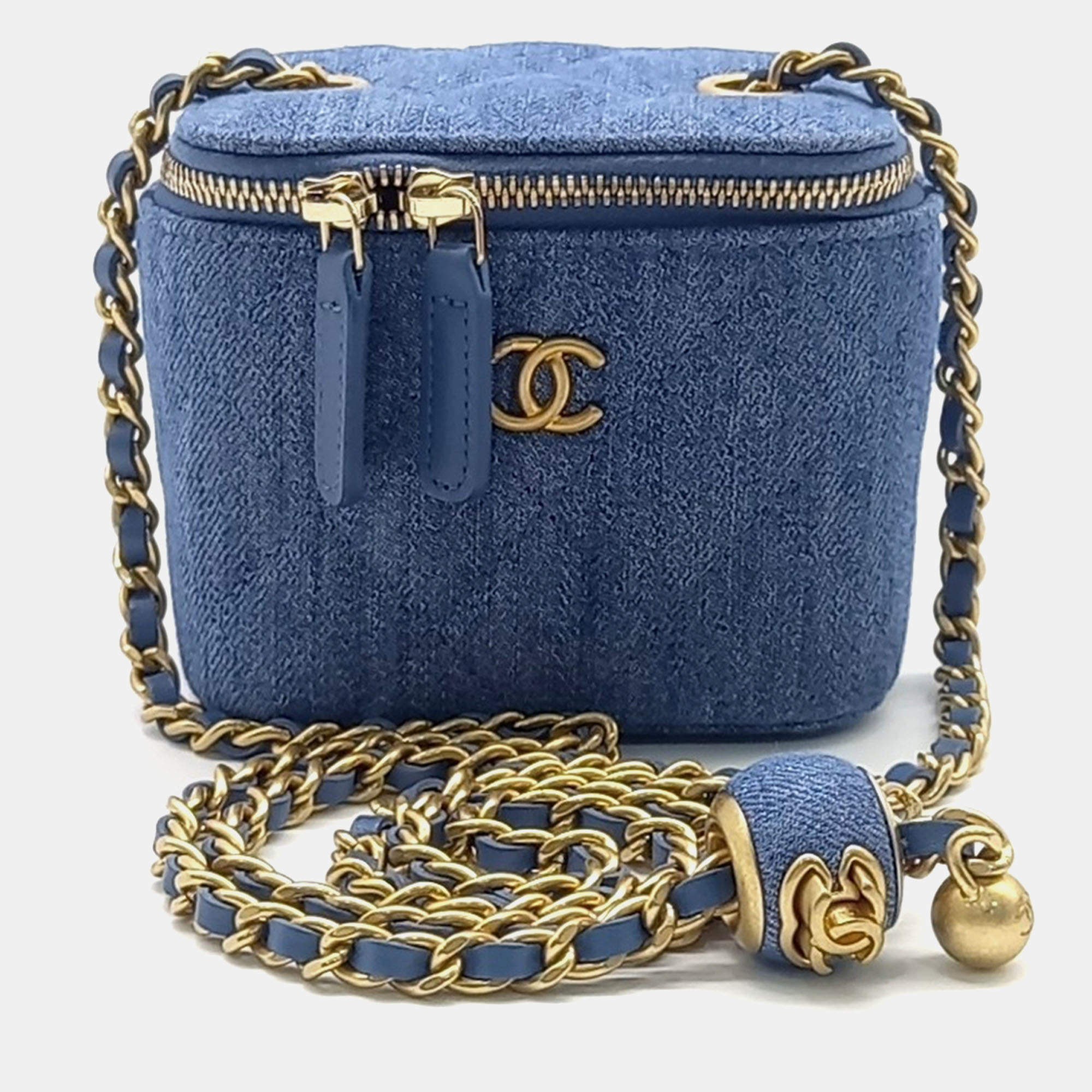 Pre Owned Chanel Denim Vanity Golden Ball Crossbody Bag