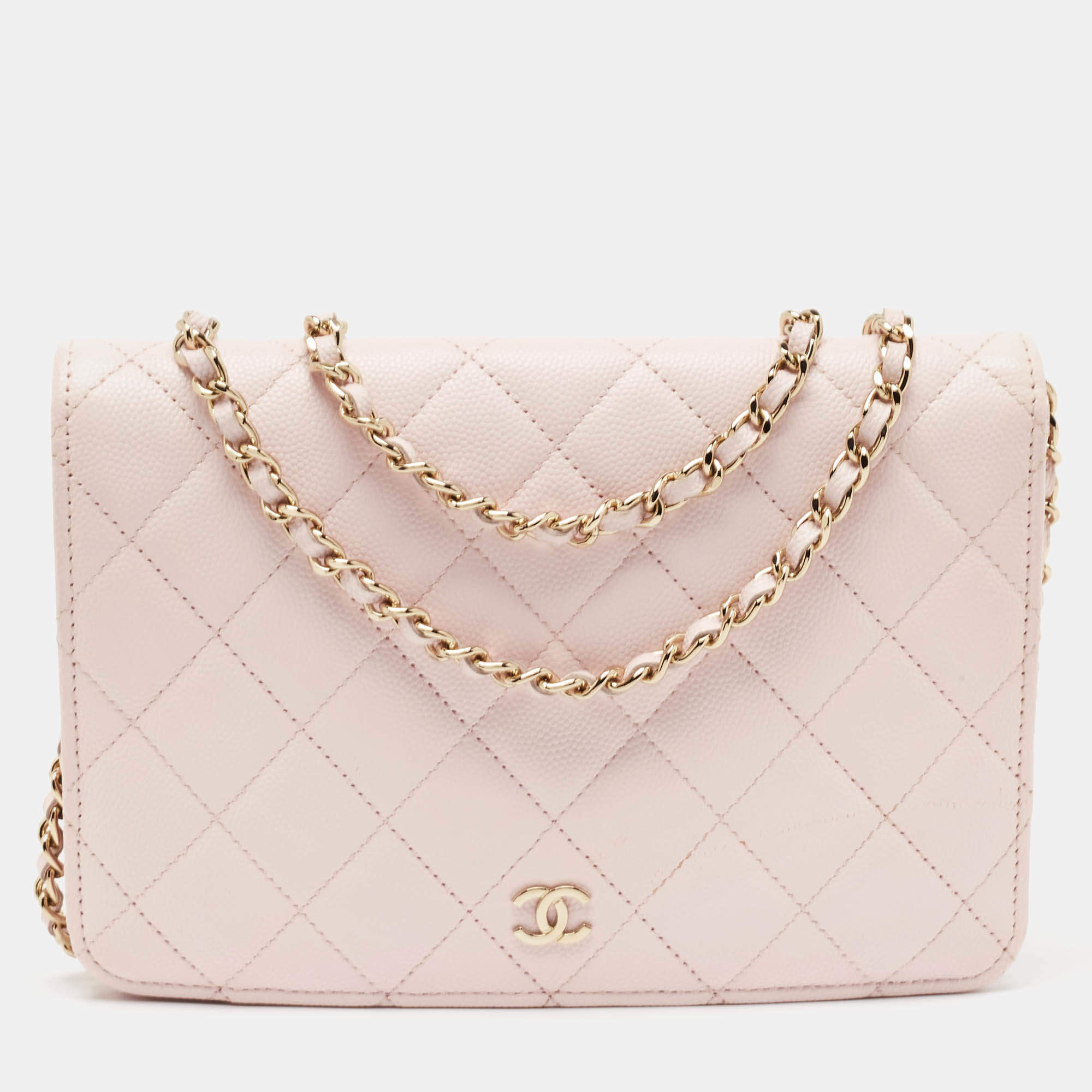 Chanel Light Pink Quilted Caviar Leather CC Wallet On Chain