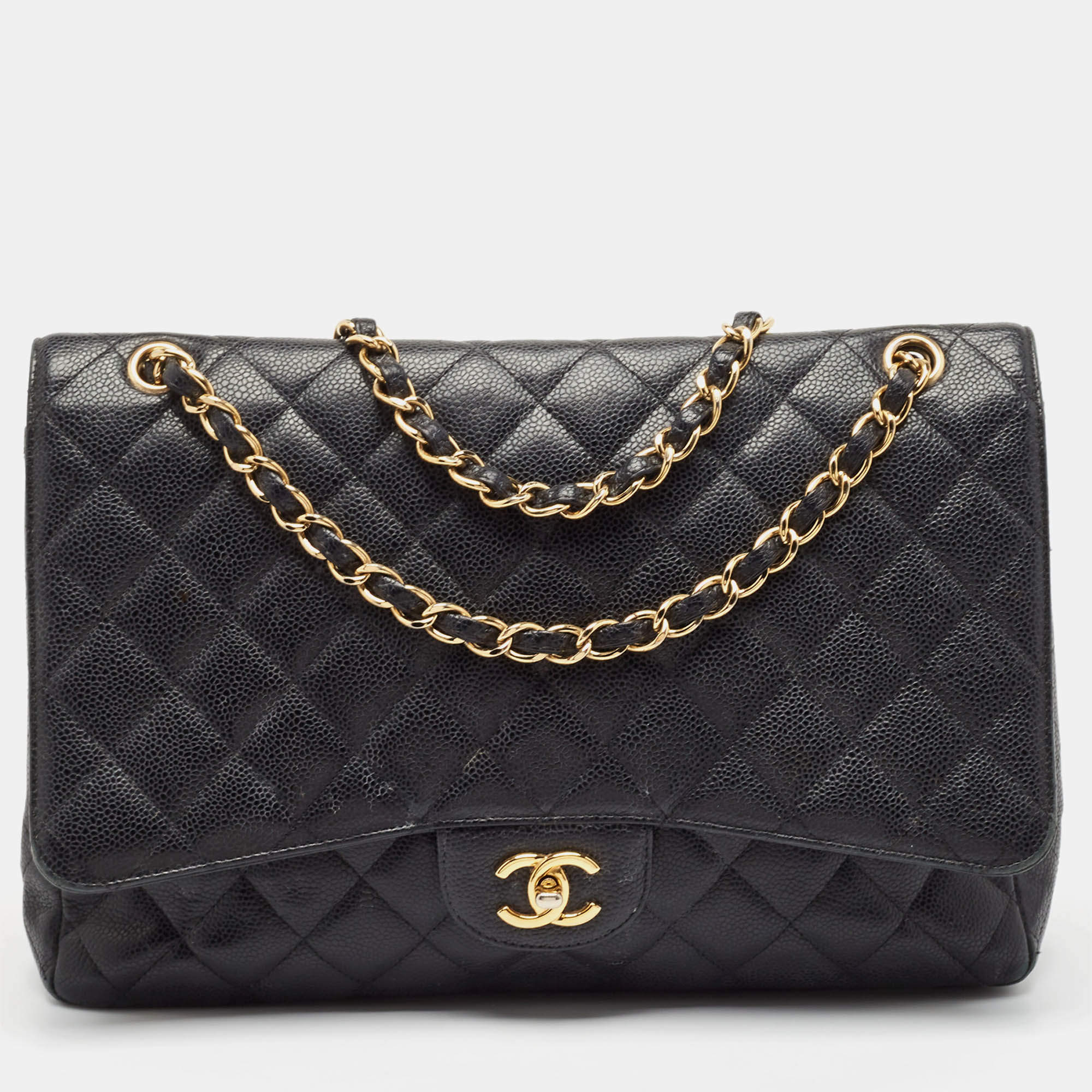 Chanel Black Quilted Caviar Leather Maxi Classic Single Flap Bag
