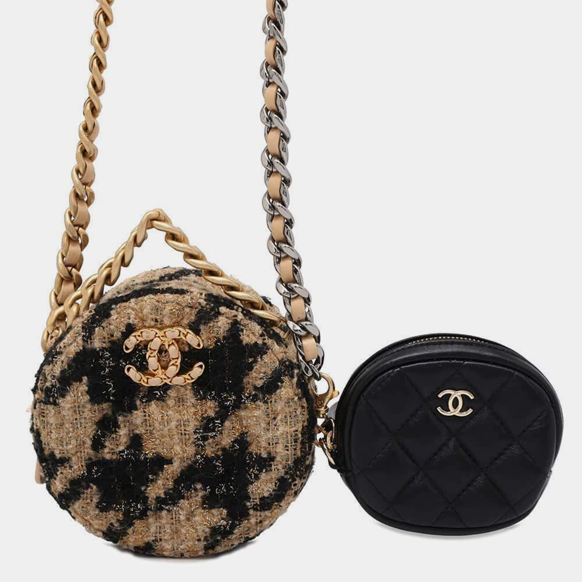 Chanel Beige/Black Tweed Leather Chanel 19 Round Chain Shoulder Bag
