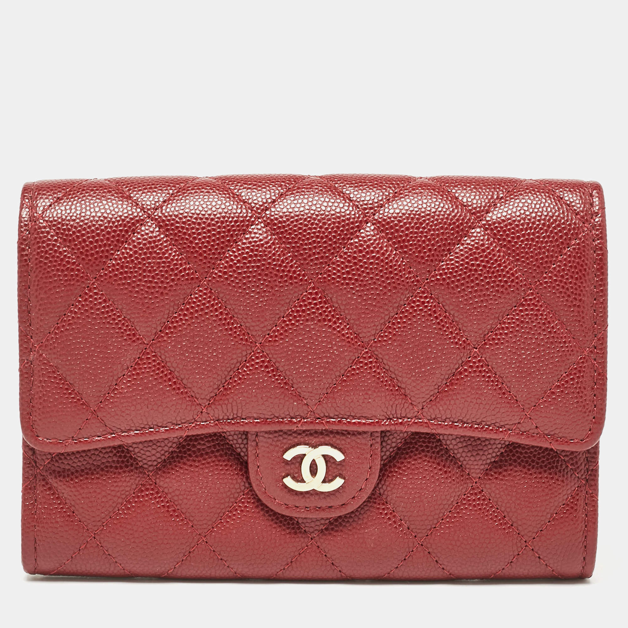 Chanel Red Quilted Caviar Leather Classic L Flap Wallet