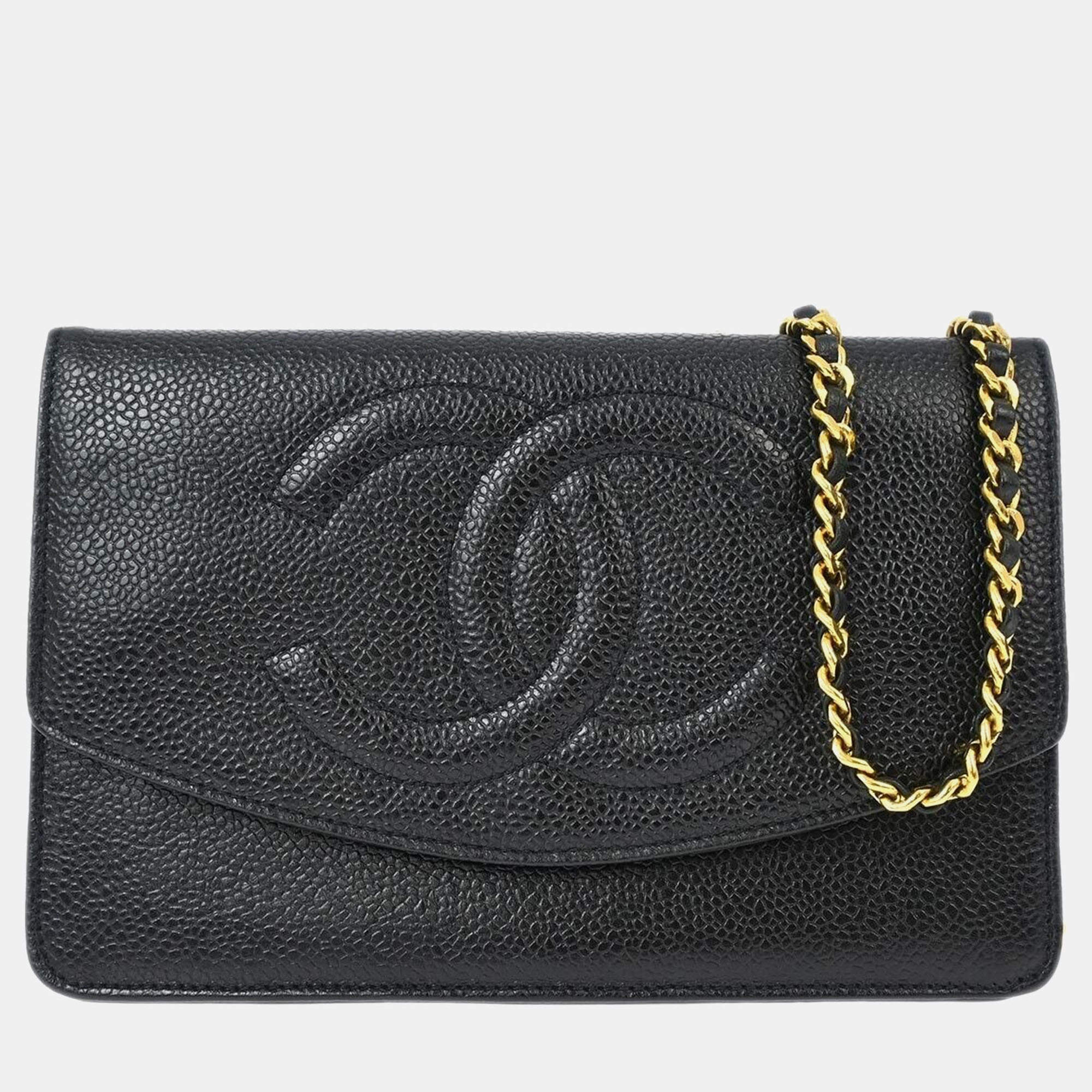 Pre Owned Chanel Black Calfskin Woc Chain Shoulder Wallet Bag