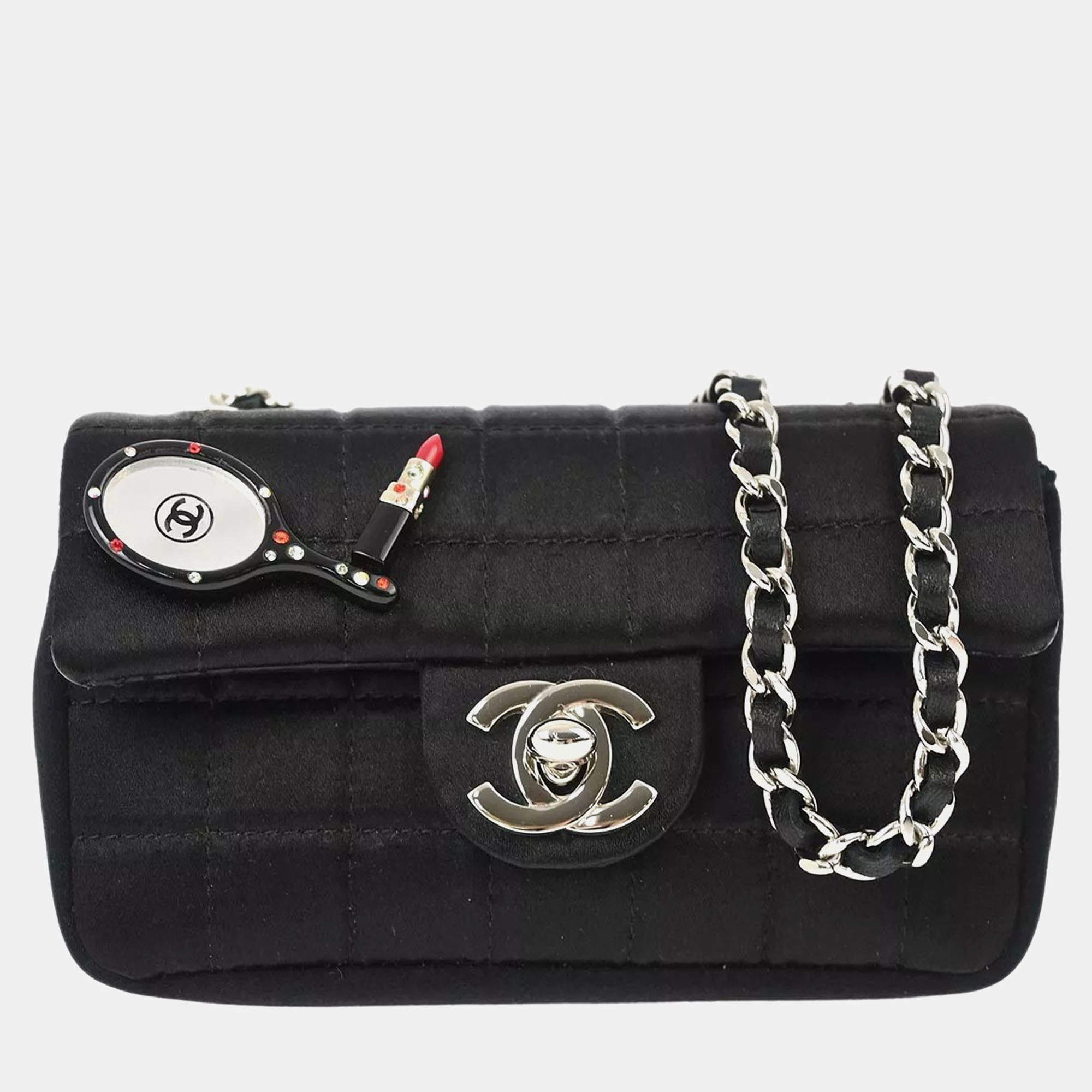 Chanel Black Satin Choco Bar Lipstick Shoulder Bag