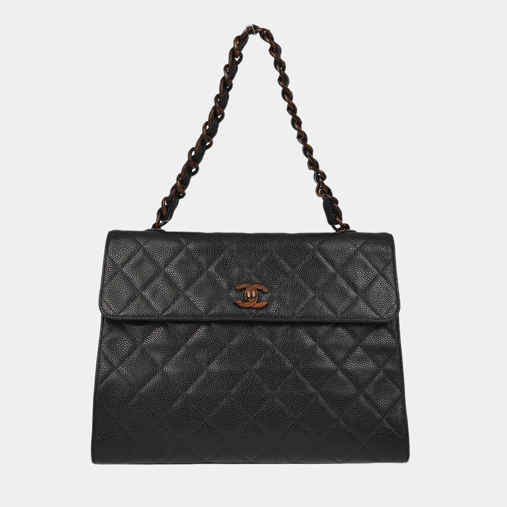Pre Owned Chanel Black Calfskin Straight Flap Chain Handbag
