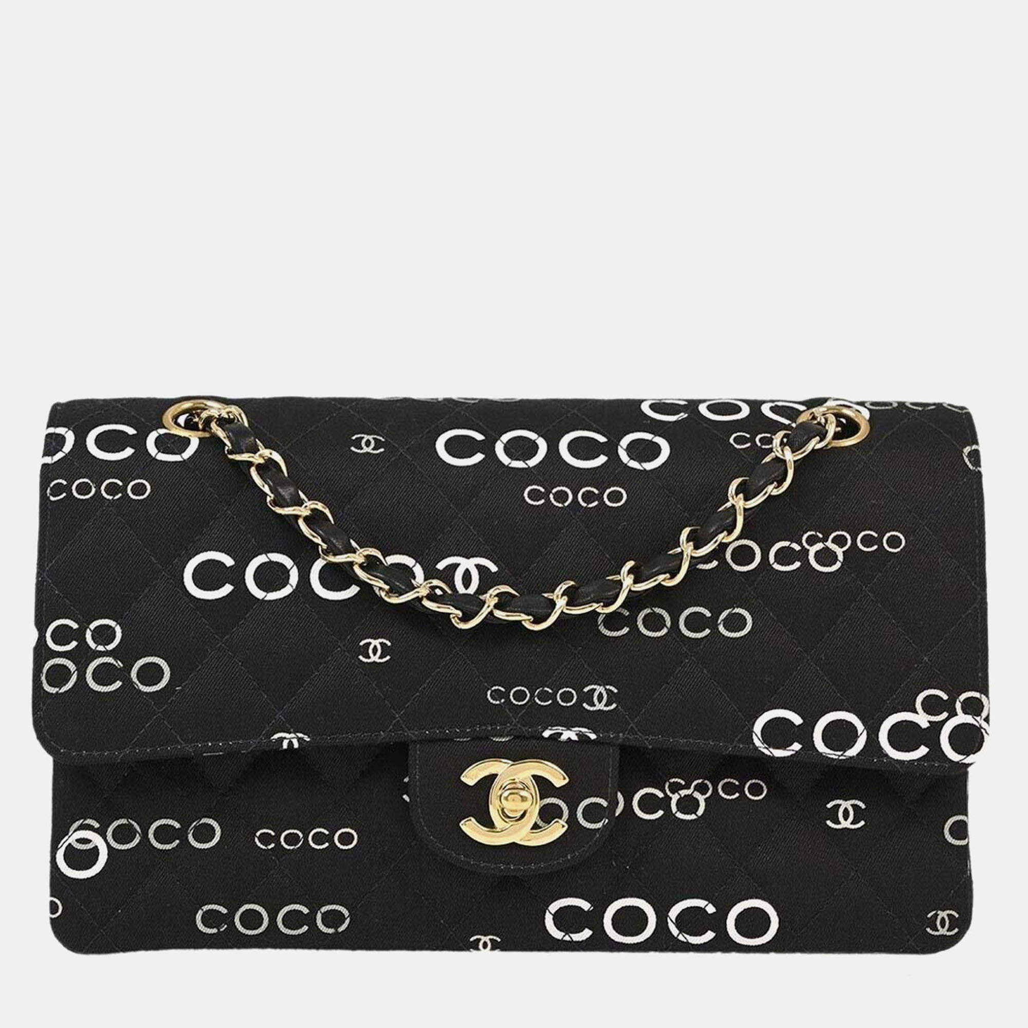 Pre Owned Chanel Black Canvas Coco Medium Classic Double Flap Shoulder Bag