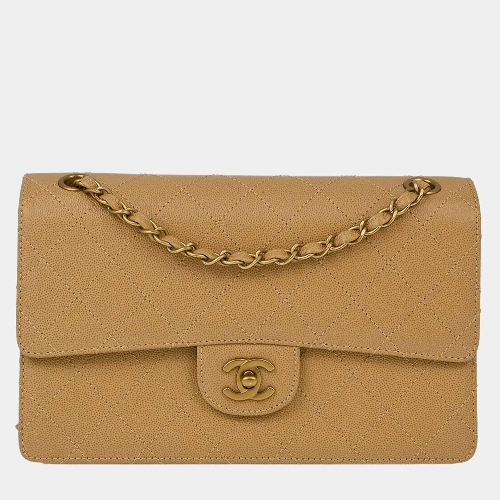 Pre Owned Chanel Beige Calfskin Medium Classic Single Flap Shoulder Bag