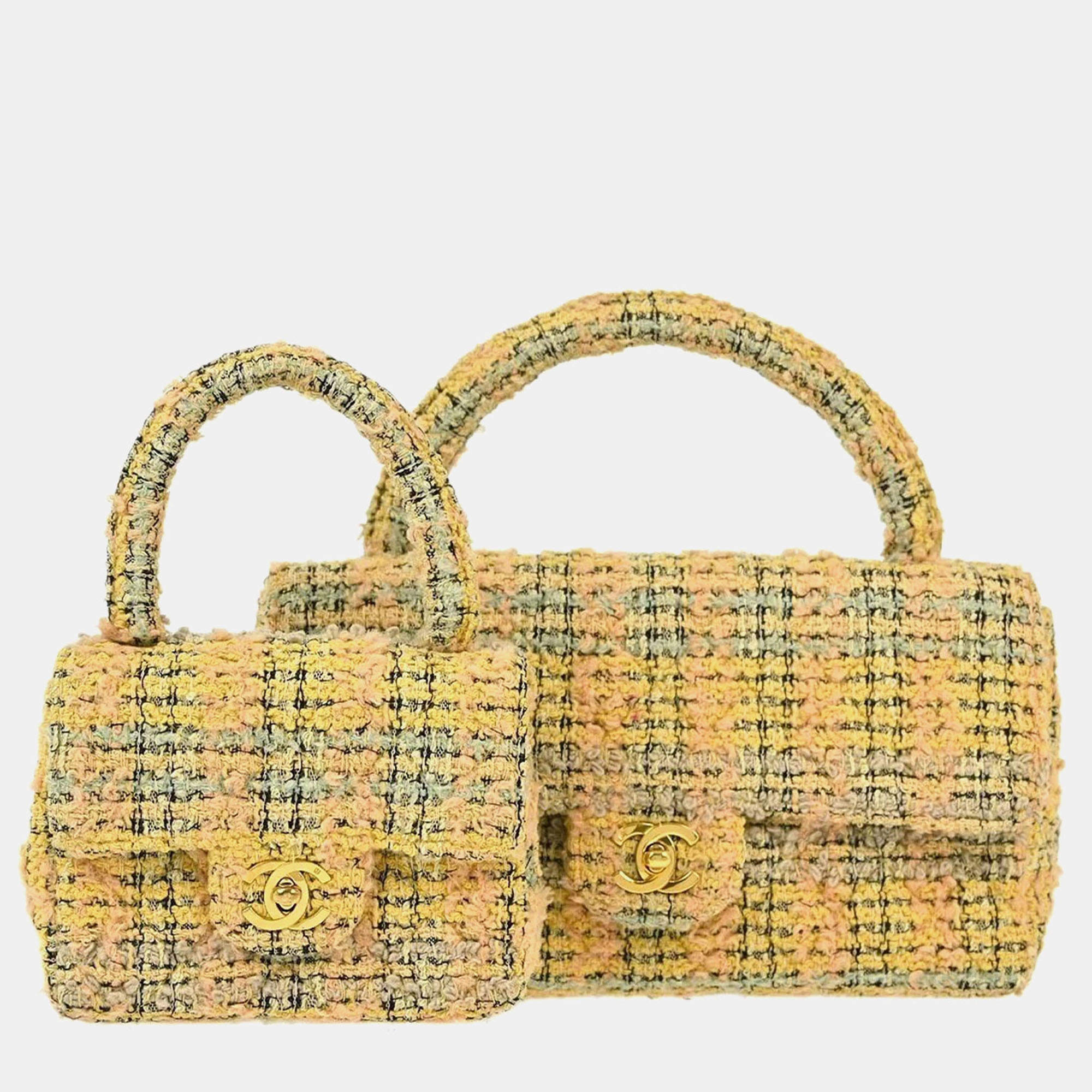 مملوكة مسبقًا Chanel Yellow Tweed Classic Single Flap 2 In 1 Hand Bag Set