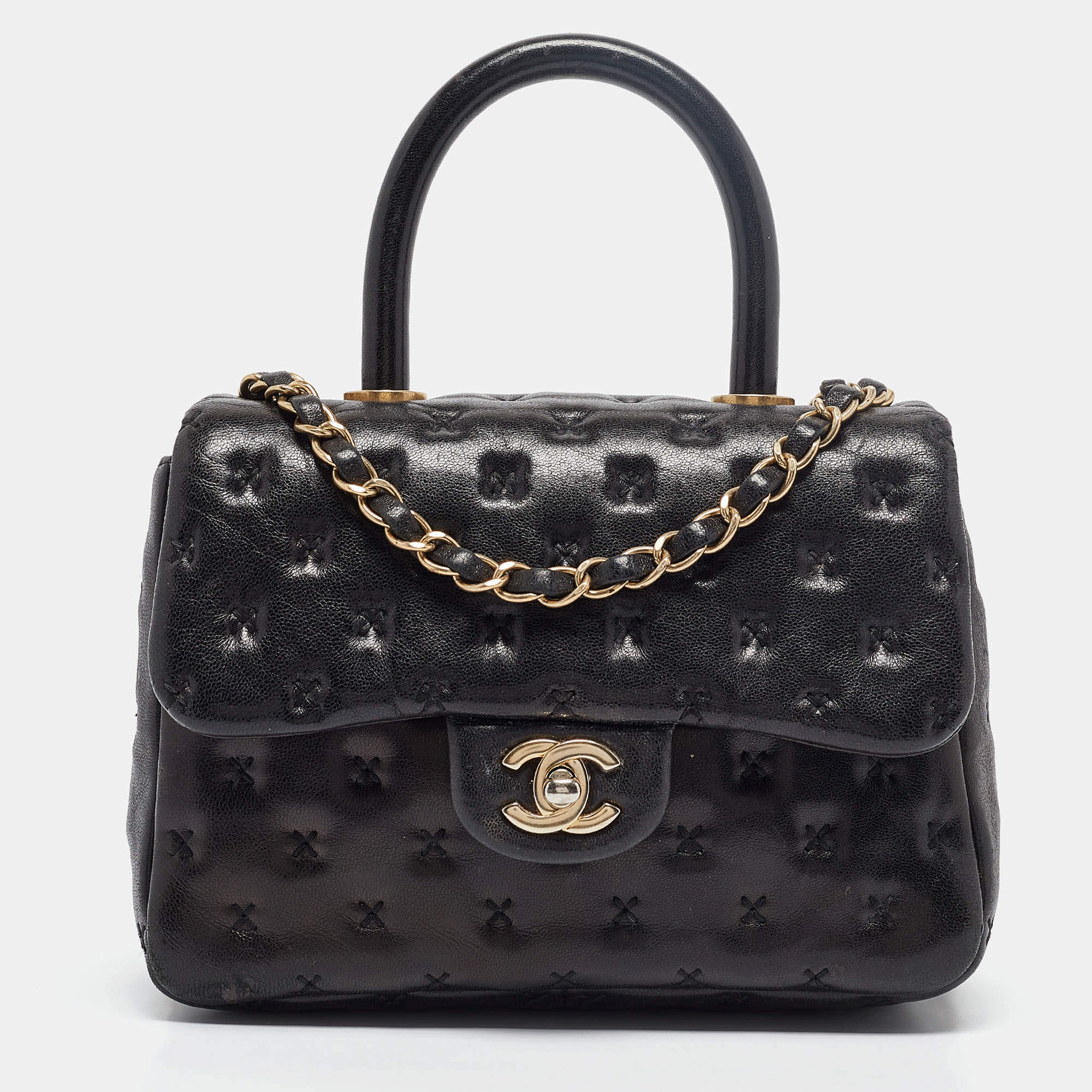 Chanel Black Cross Stitch Leather Mini Paris-Rome Coco Top Handle Bag