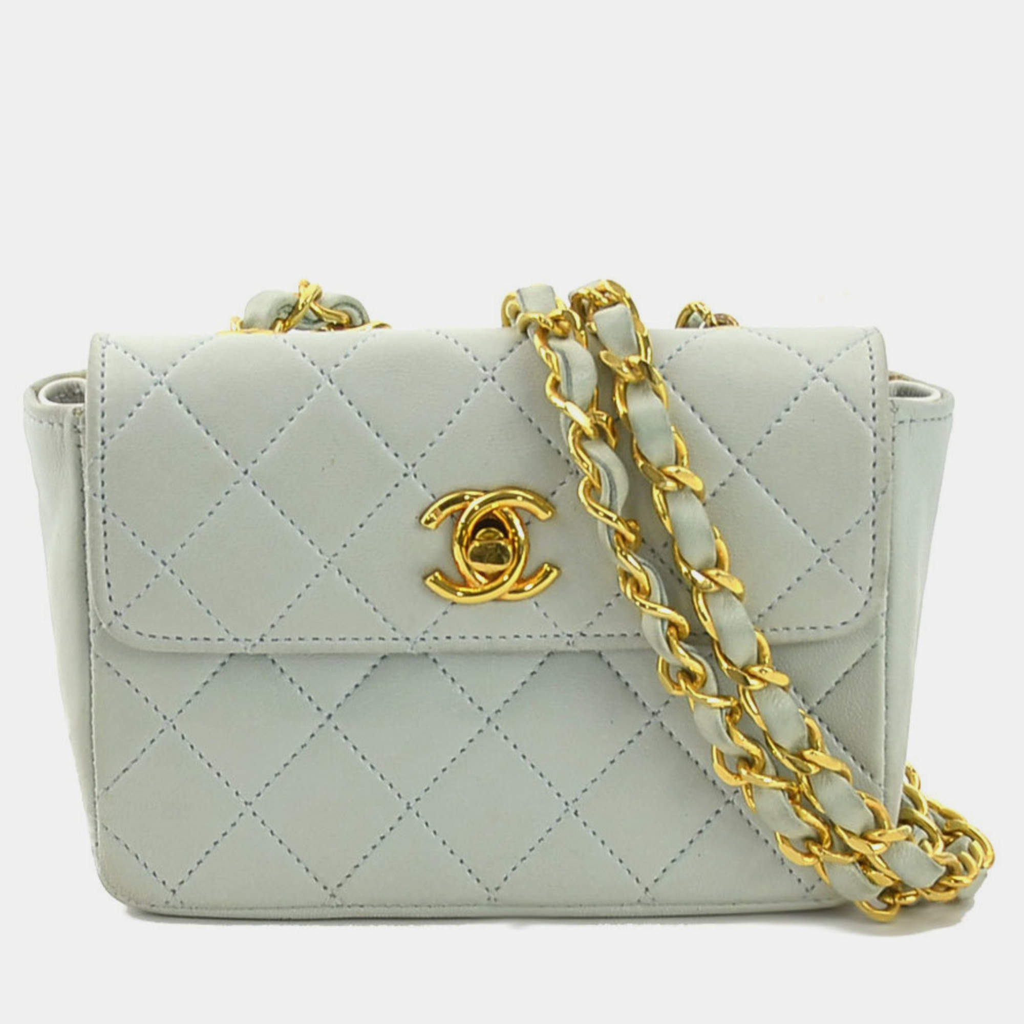 Pre Owned Chanel Leather Light Blue Gold Matelasse Shoulder Bag