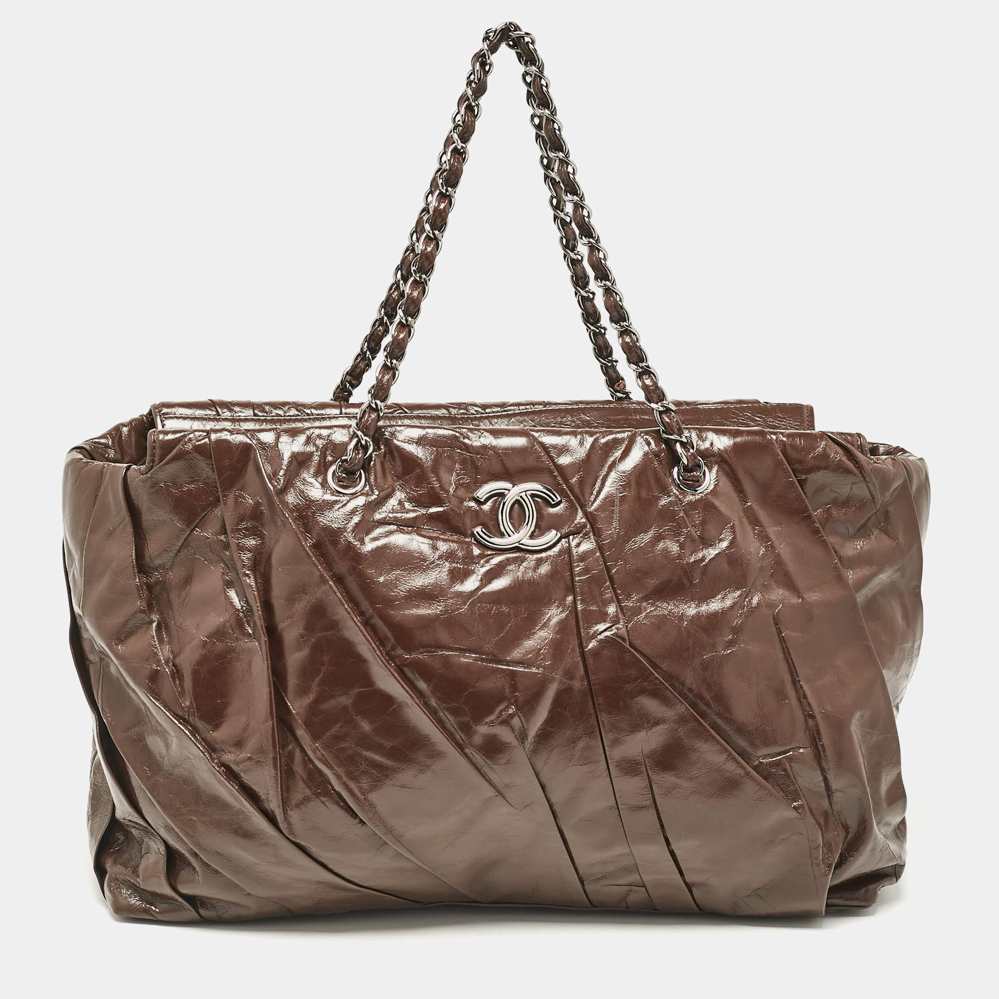 Pre Owned Chanel Choco Brown Twisted Glazed Leather Large Classic Tote