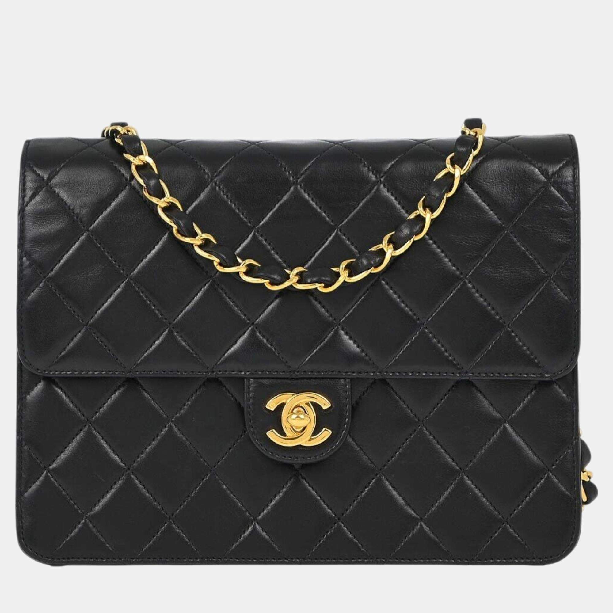 Pre Owned Chanel Black Lambskin Turnlock Small Half Flap Shoulder Bag