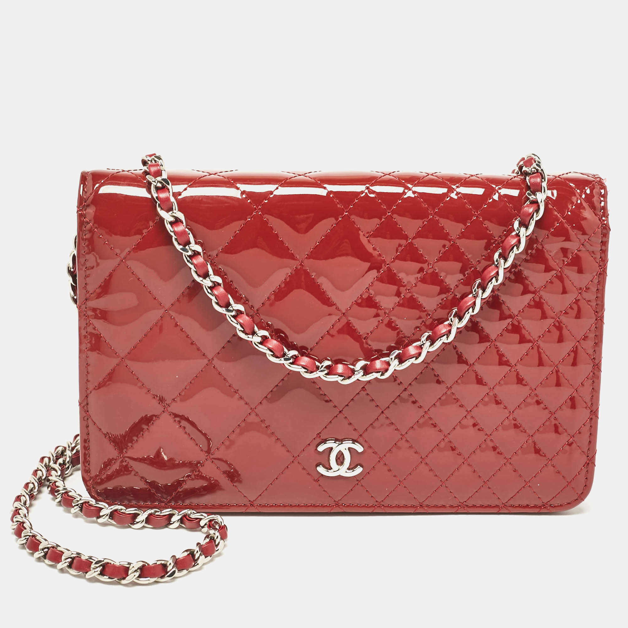 Chanel Red Quilted Patent Leather Classic Wallet On Chain