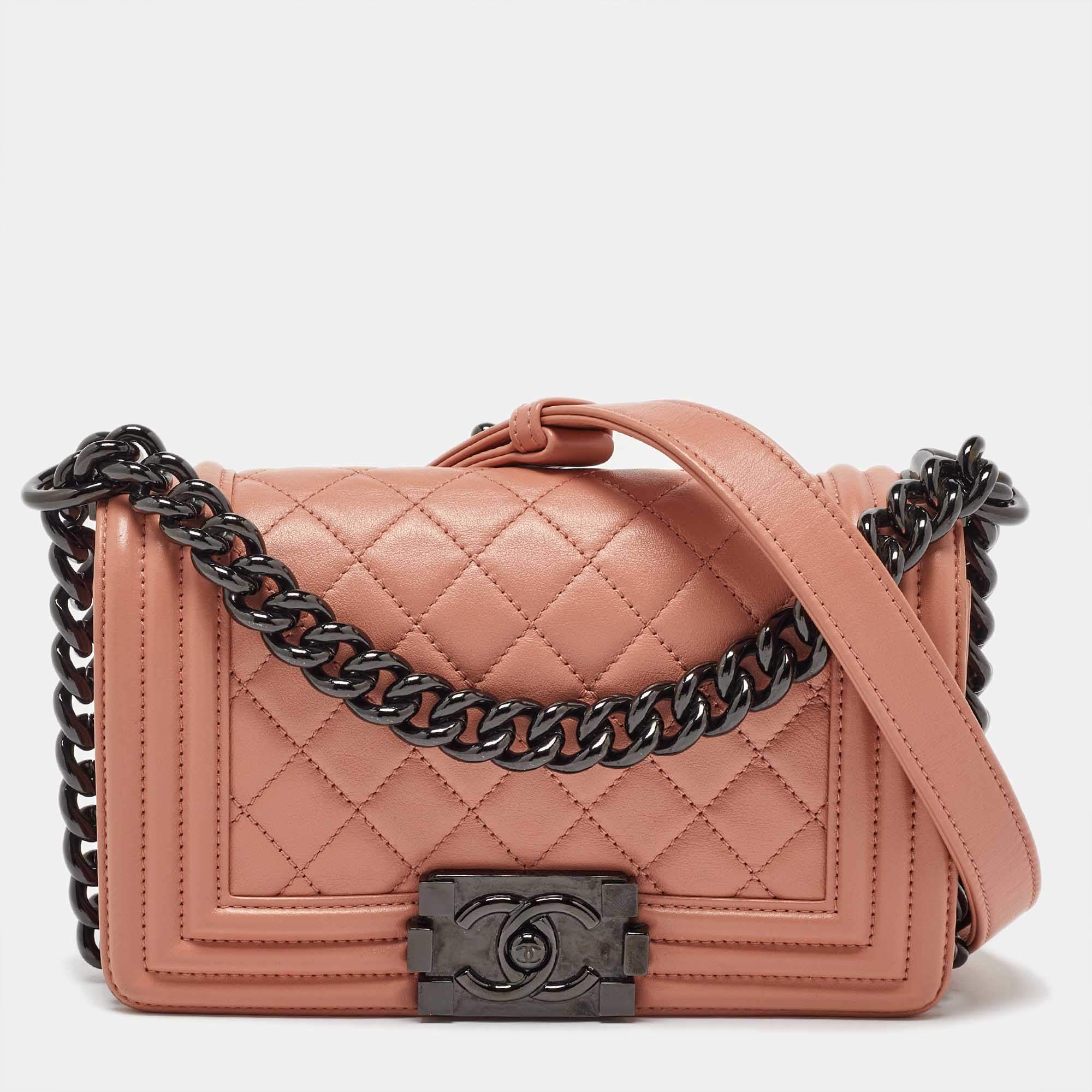 Pre Owned Chanel Peach Quilted Leather Small Boy Flap Bag