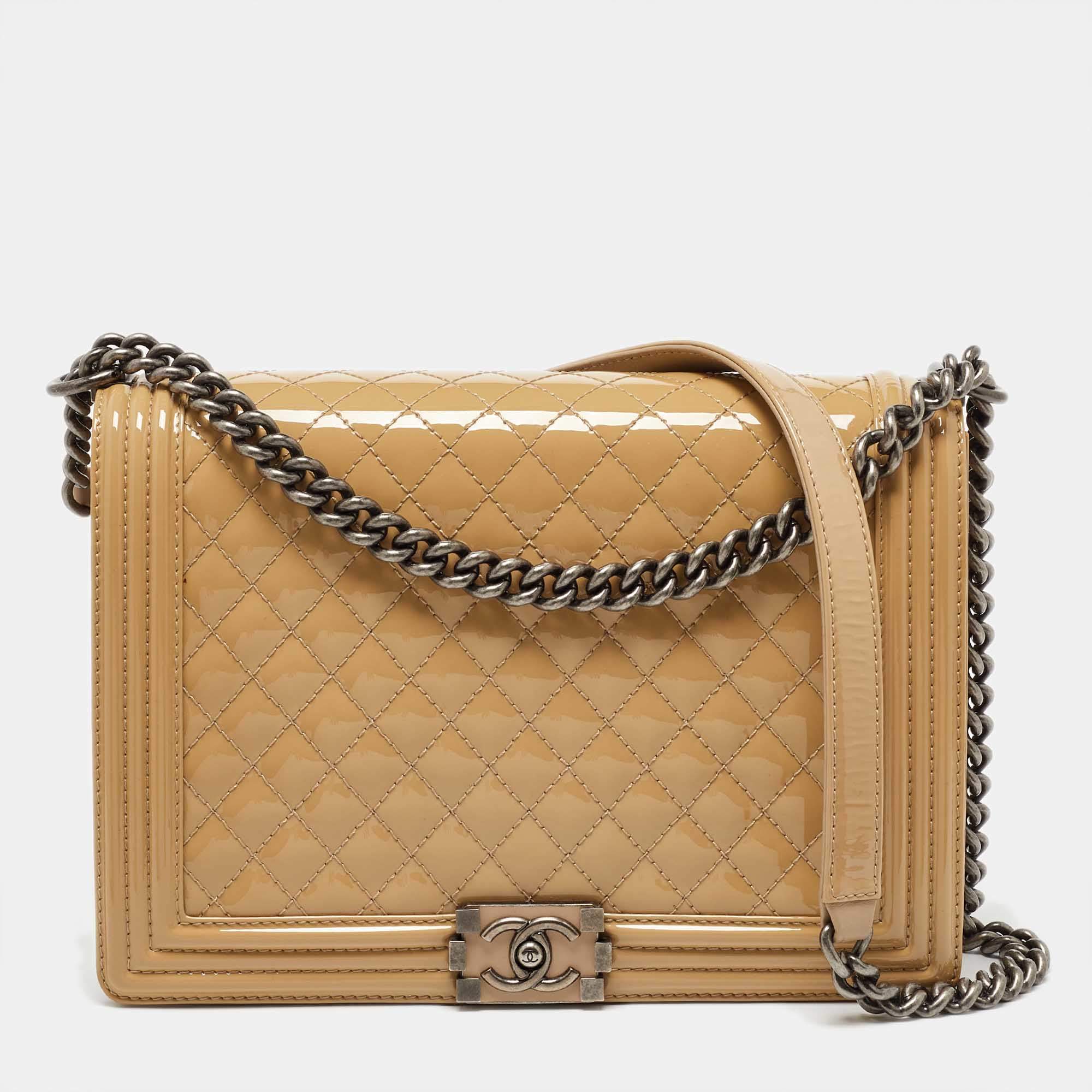 Pre Owned Chanel Beige Quilted Patent Leather Large Boy Flap Bag