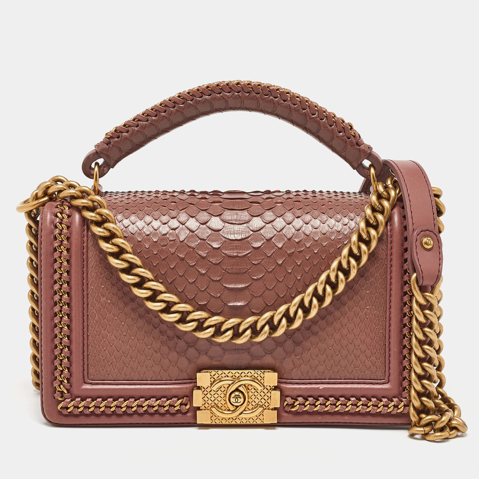 Pre Owned Chanel Rose Pink Python Medium Boy Flap Top Handle Bag