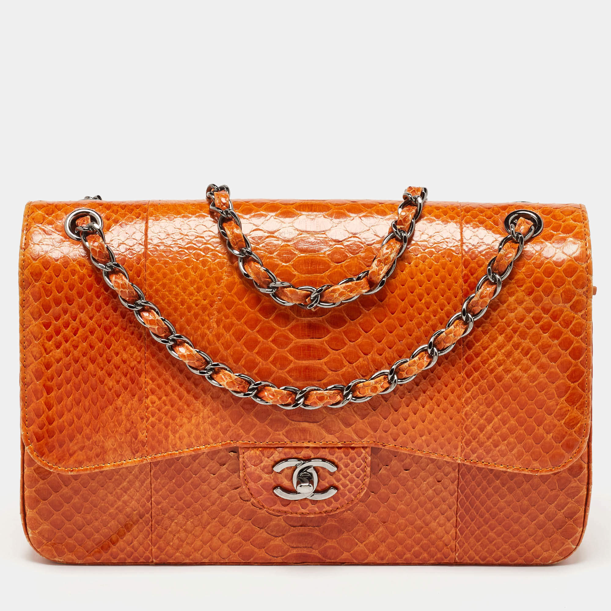 Pre Owned Chanel Orange Python Jumbo Classic Double Flap Bag