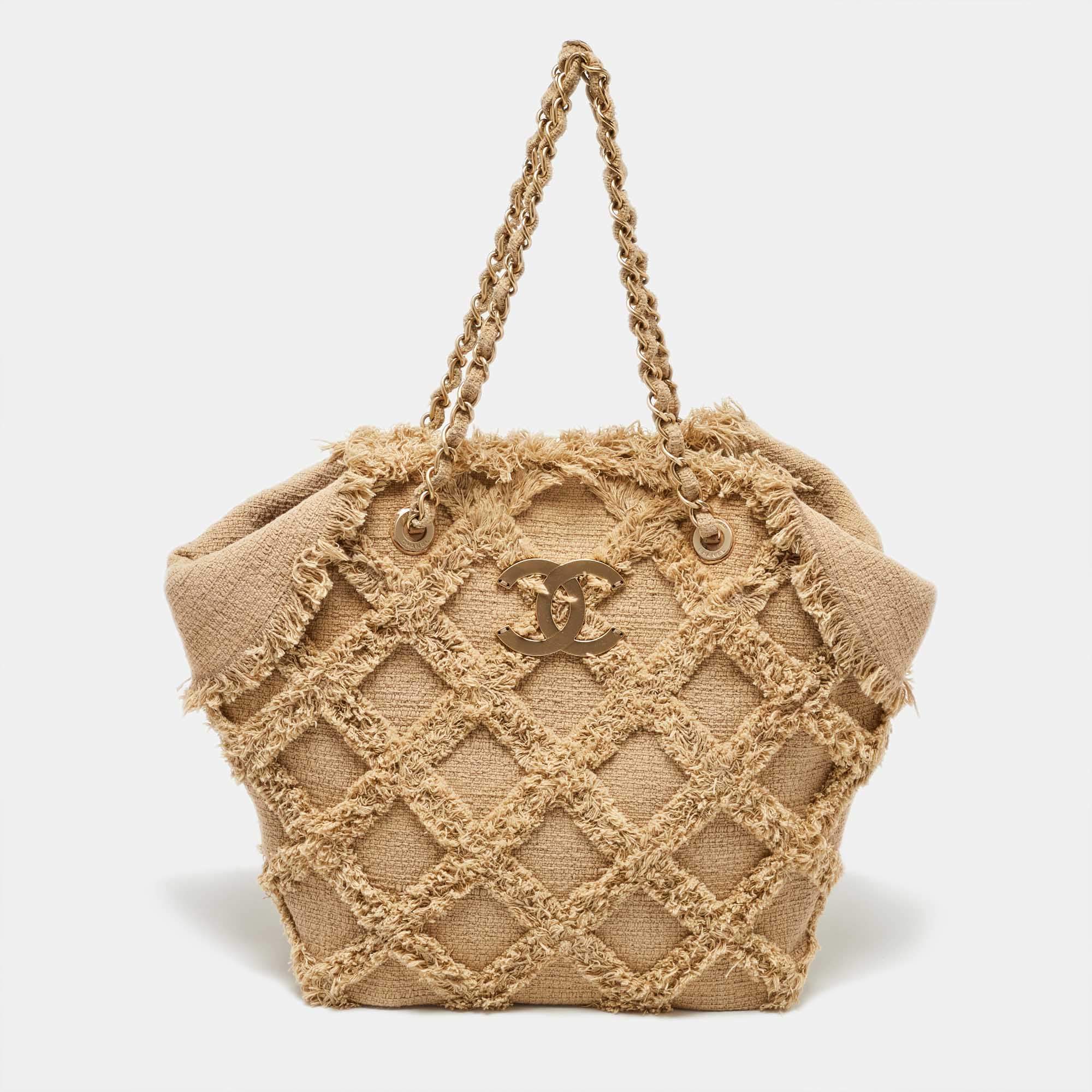 Chanel Beige Diamond Stitch Tweed CC Nature Tote Bag