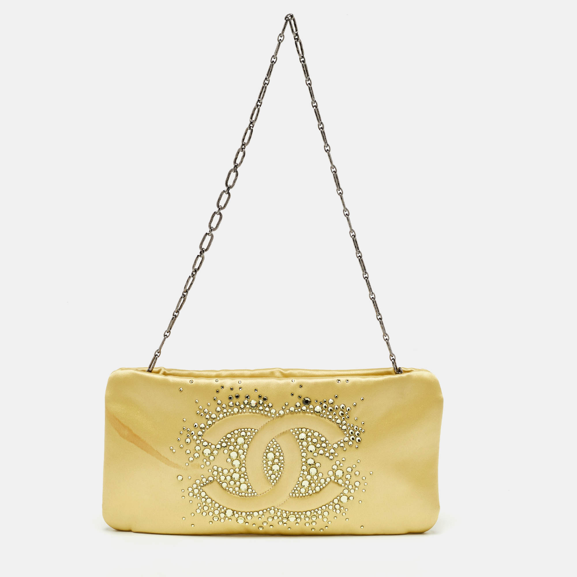 Pre Owned Chanel Yellow Satin CC Diamante Evening Clutch Bag