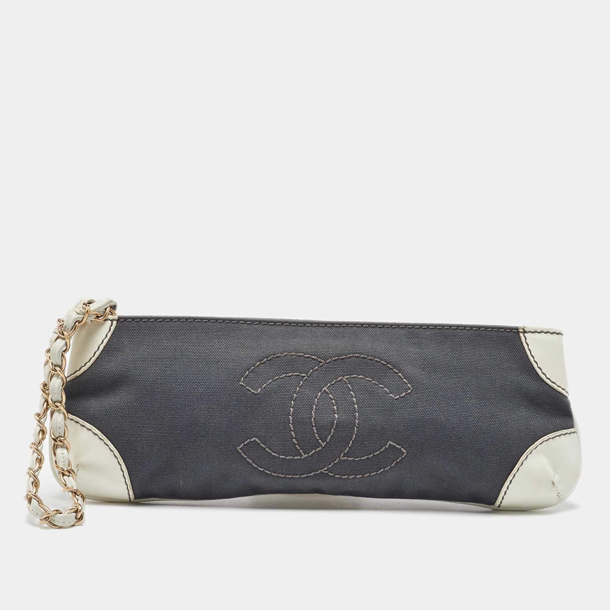 Chanel Grey/White Canvas and Leather CC Olsen Clutch Bag