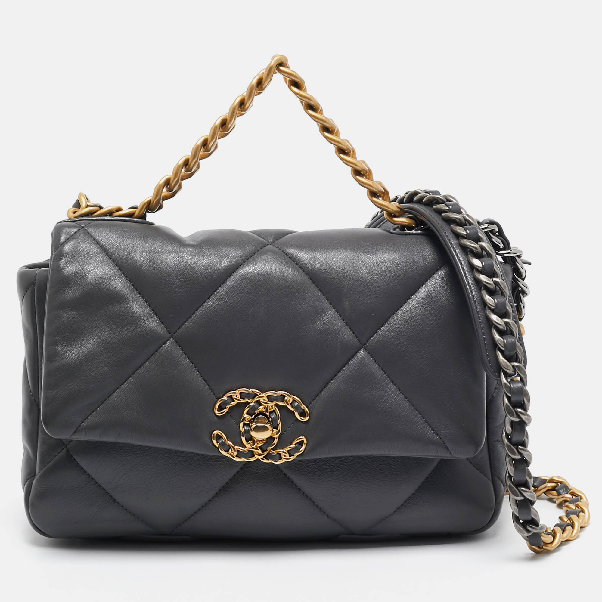 Pre Owned Chanel Grey Quilted Leather Medium 19 Flap Bag