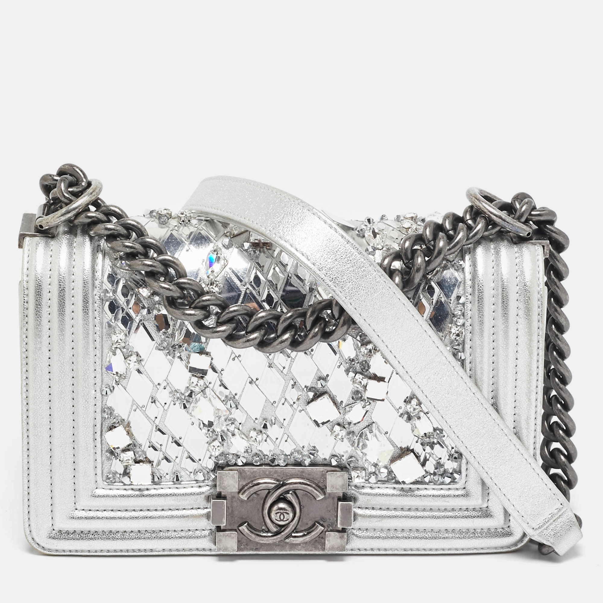 Pre Owned Chanel Silver Leather Small Crystals Embellished Boy Flap Bag