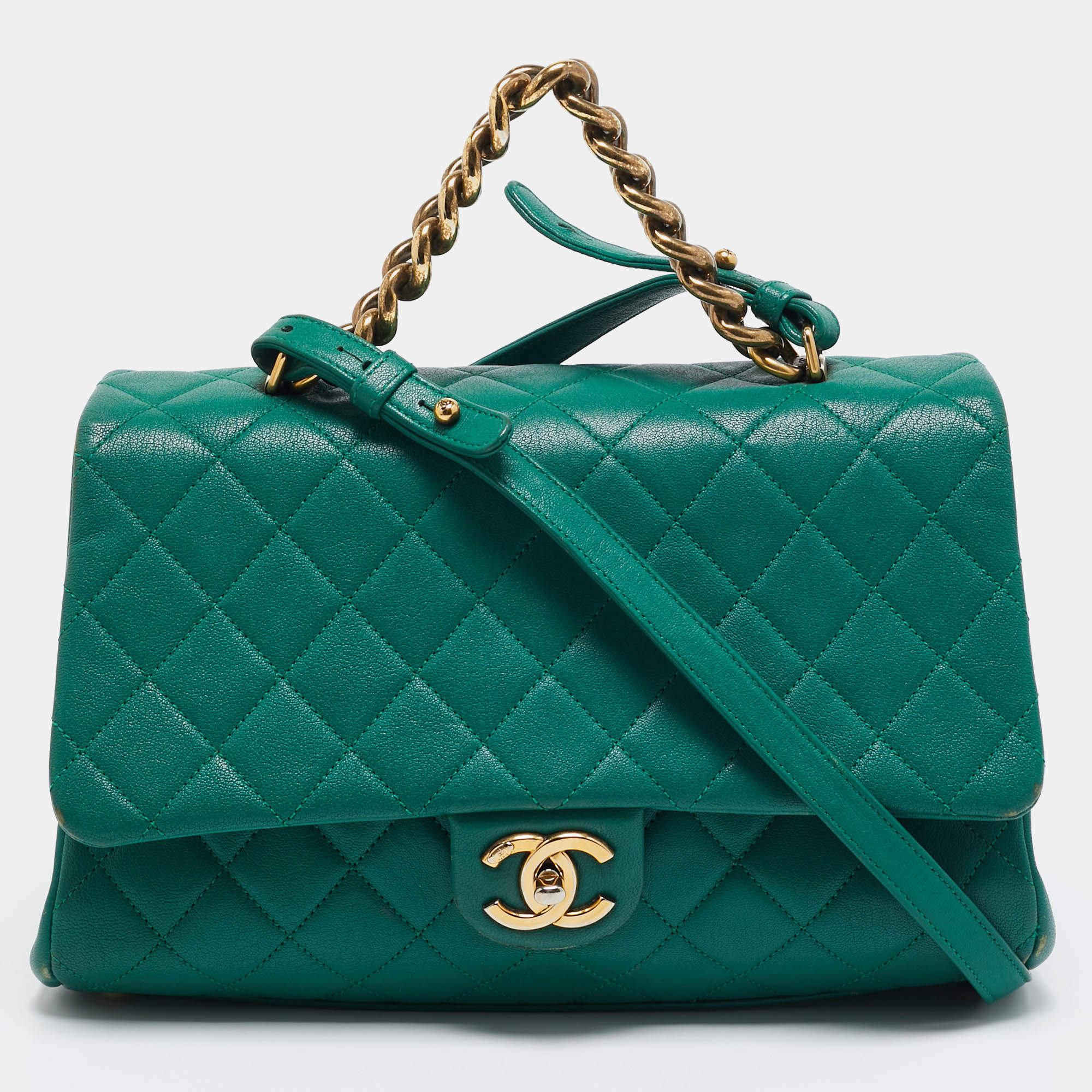Pre Owned Chanel Green Quilted Leather Large Trapezio Flap Bag