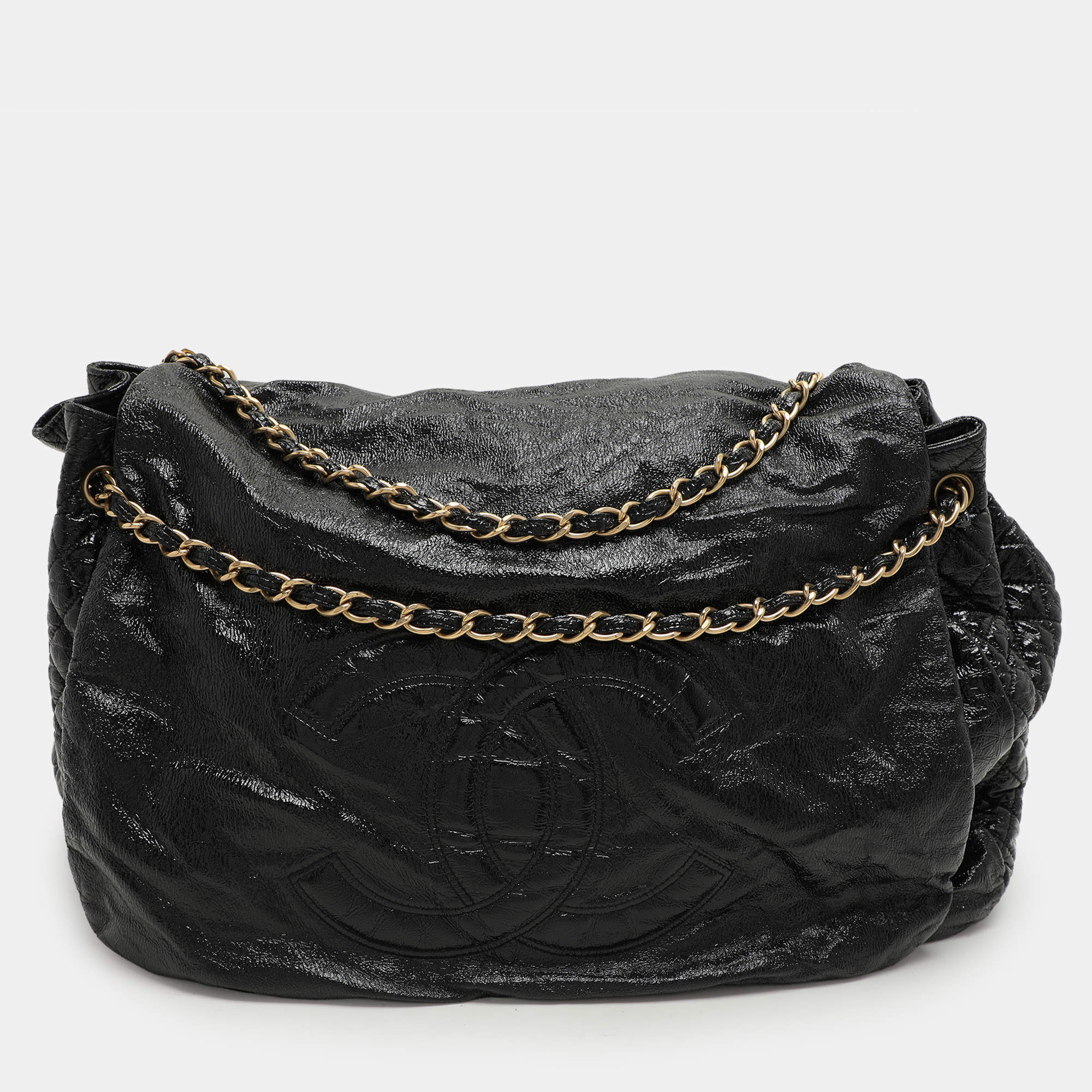 Pre Owned Chanel Black Patent Leather Accordion Flap Bag