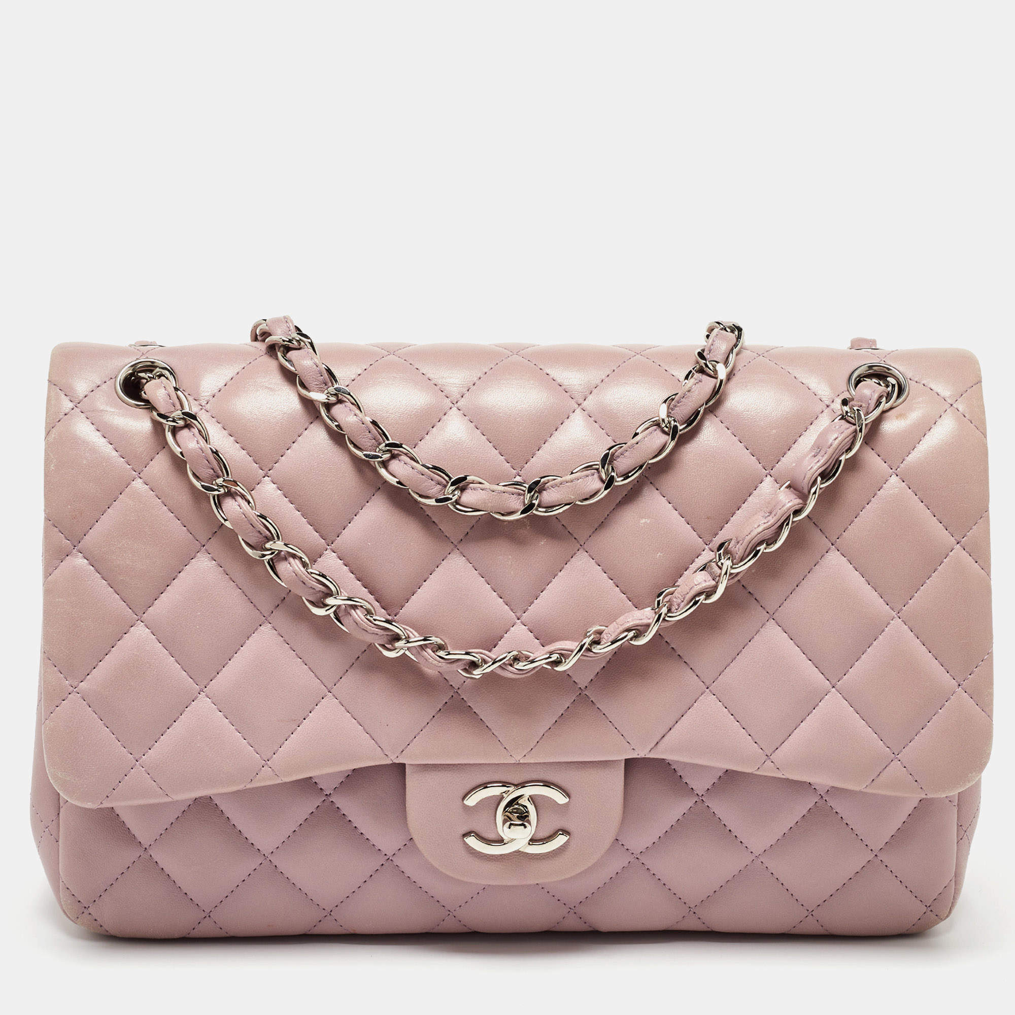 Pre Owned Chanel Lilac Quilted Leather Jumbo Classic Double Flap Bag