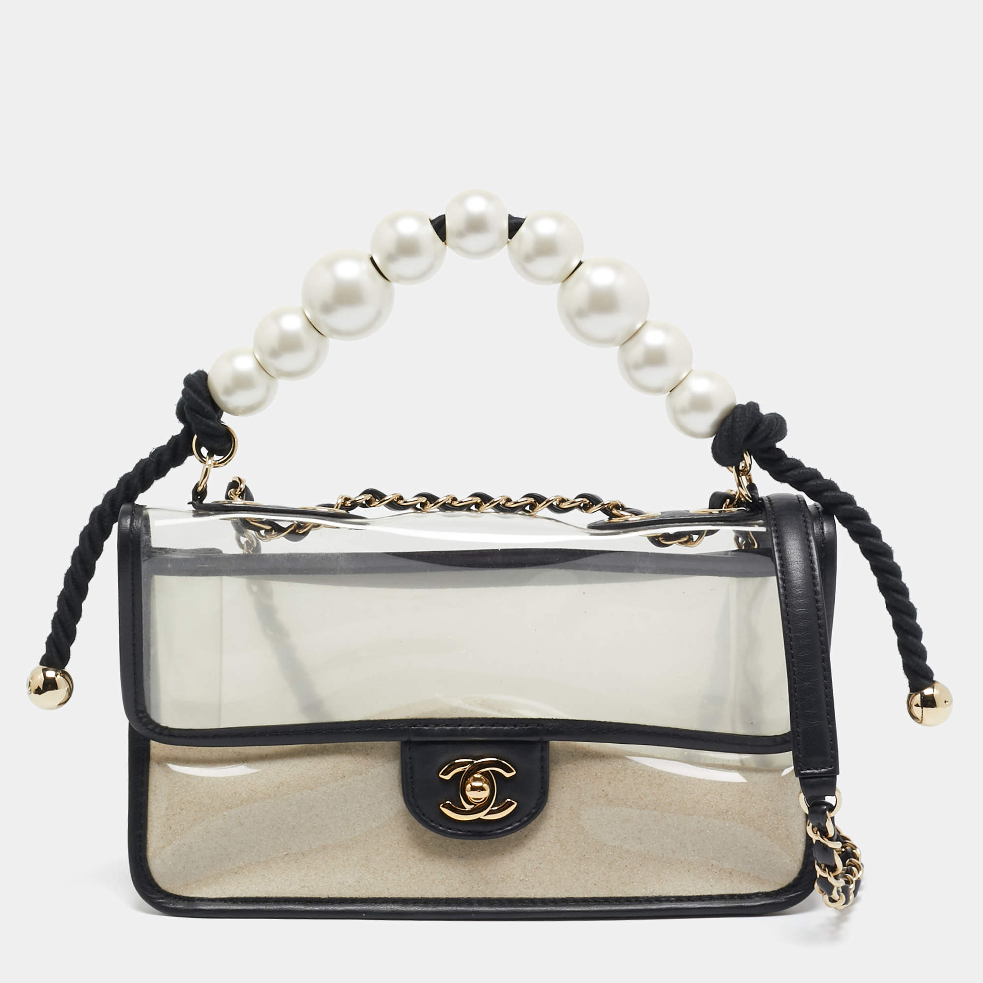 Pre Owned Chanel Transparent/Black PVC and Leather Sand By The Sea Flap Bag