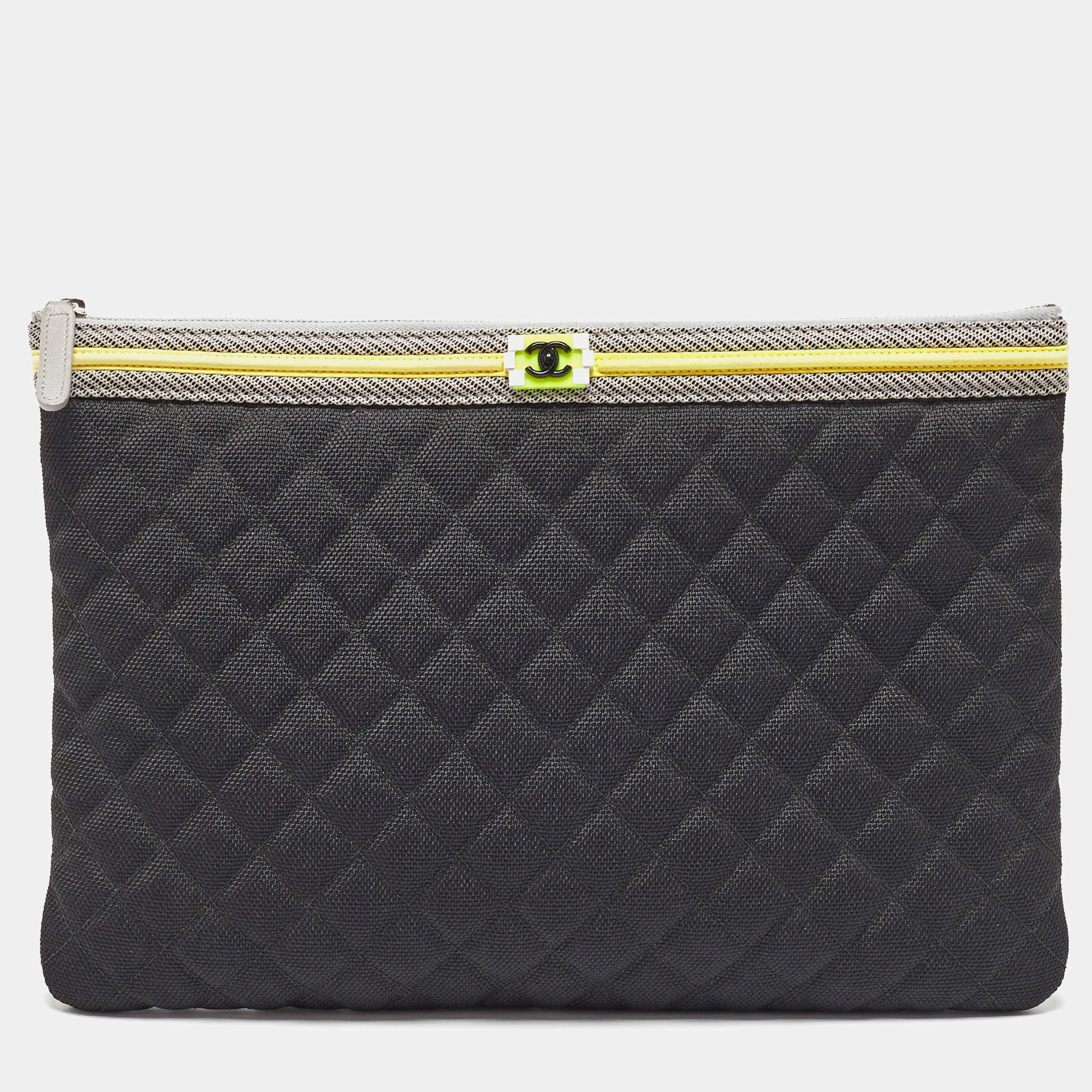 Pre Owned Chanel Black/Grey Quilted Nylon Fluo Boy O-Case Pouch
