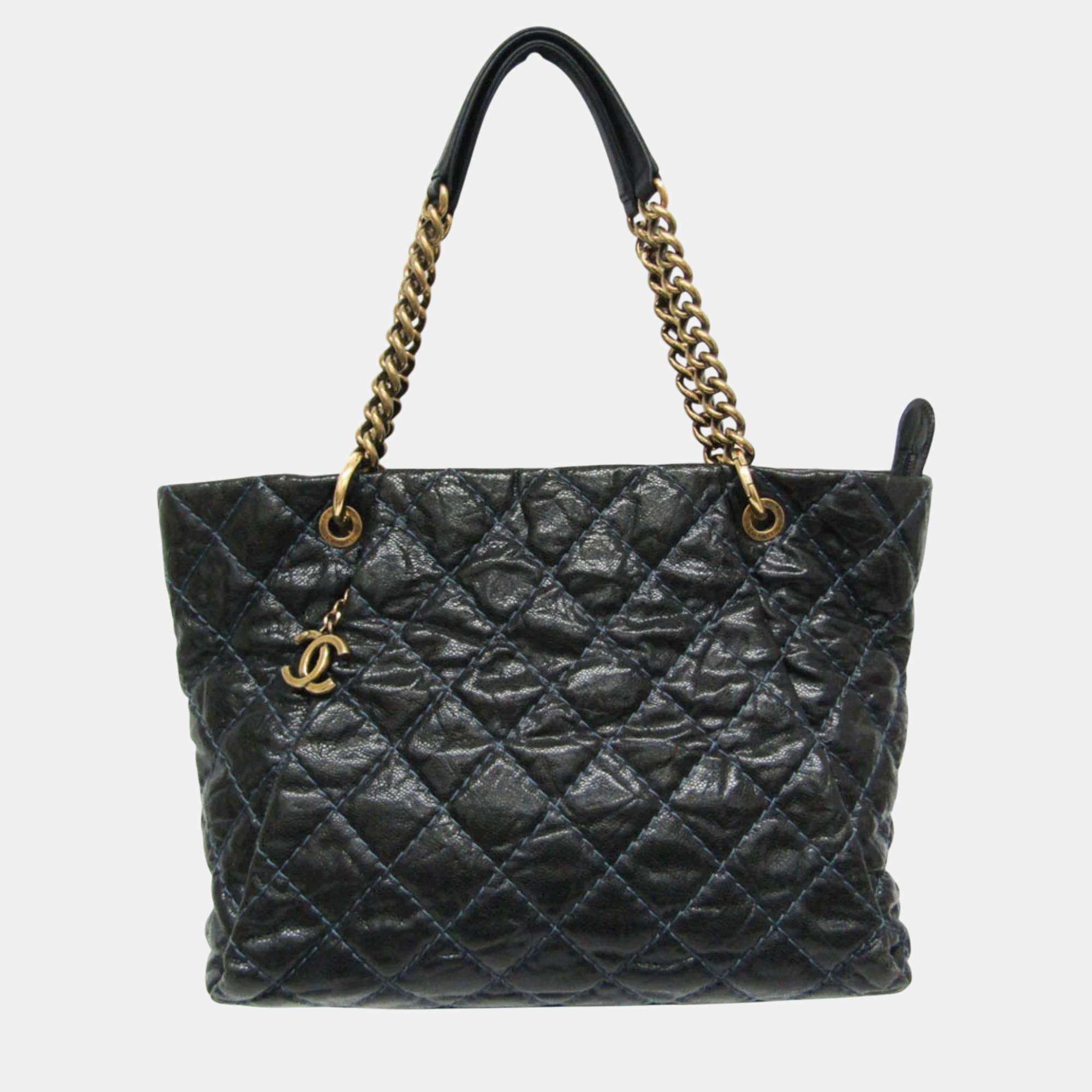 Pre Owned Chanel Black Navy Matelasse Chain Caviar Leather Tote Bag