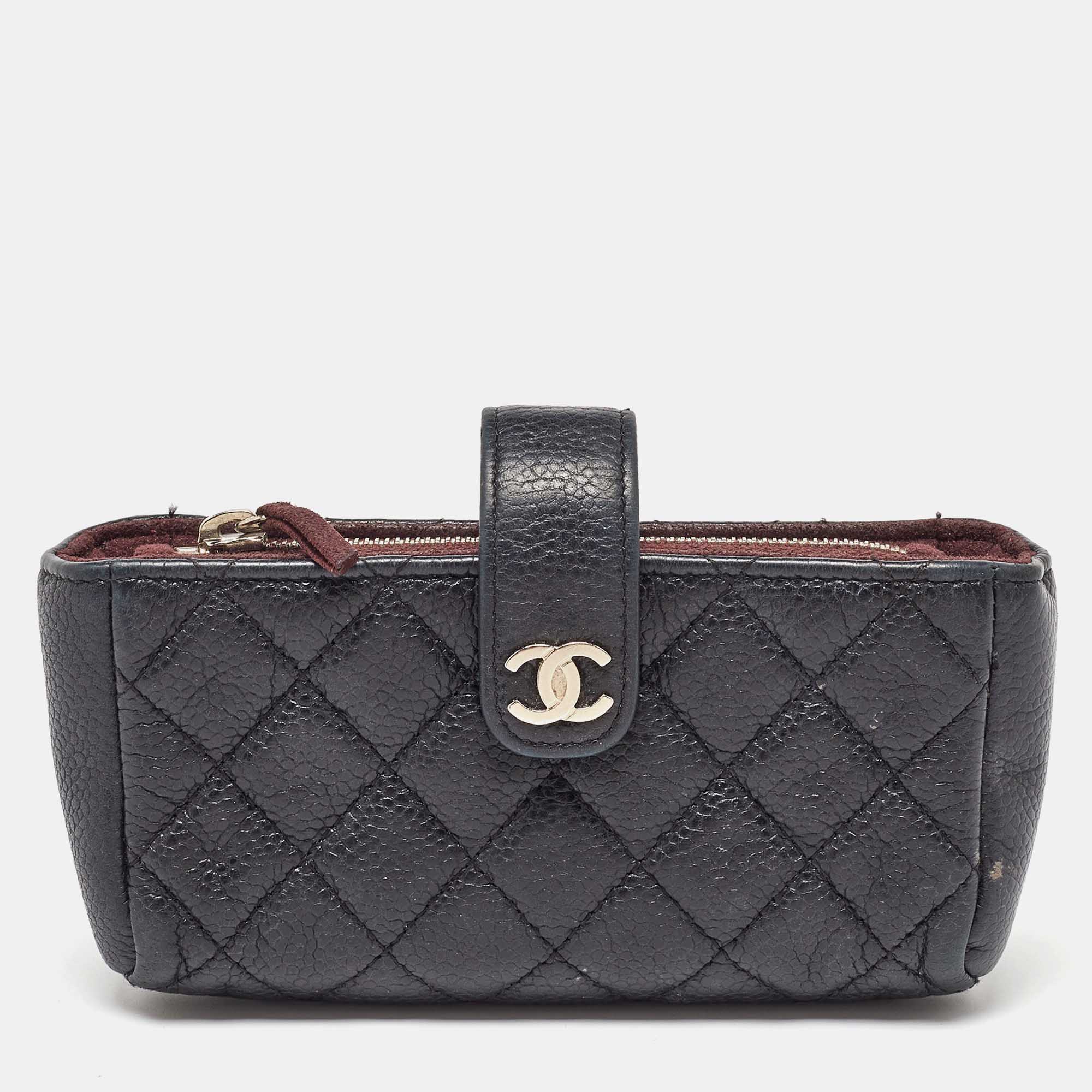 Chanel Black Quilted Caviar Leather CC O Phone Pouch