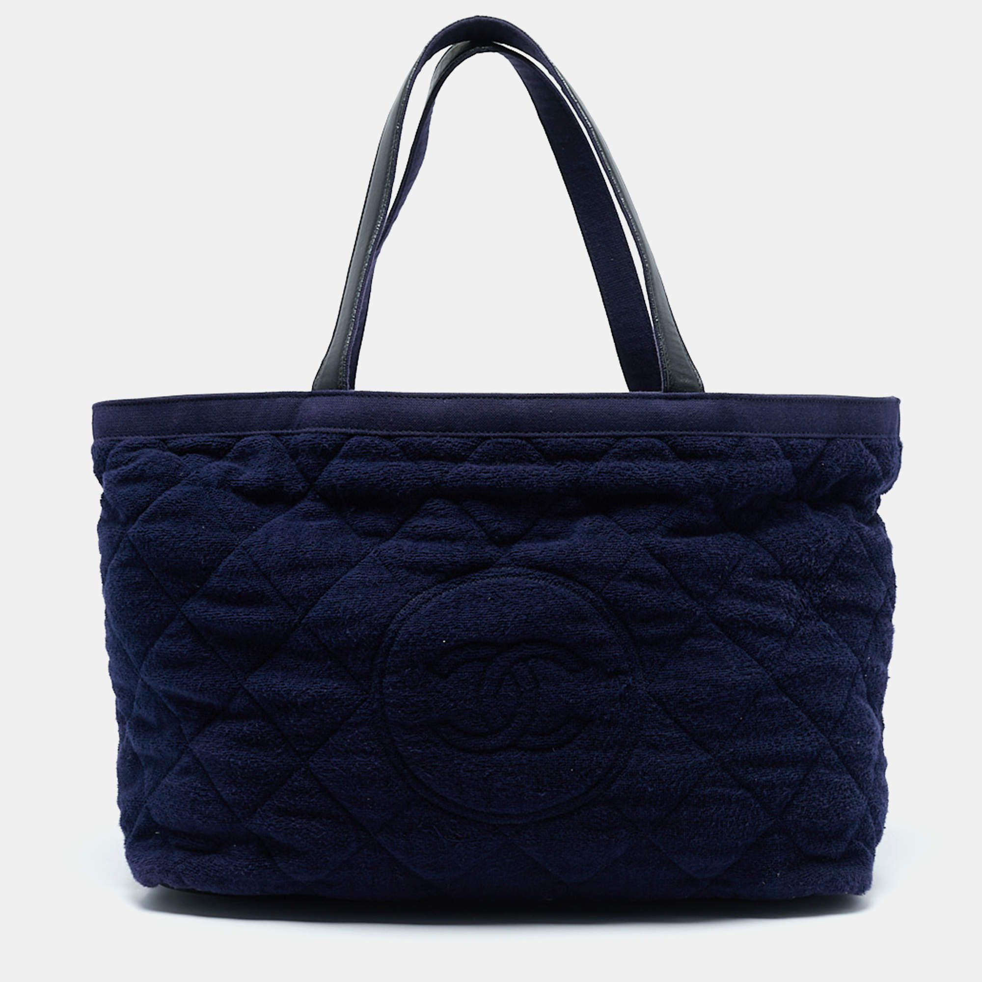 Pre Owned Chanel Navy Blue Quilted Terry Cloth CC Beach Tote