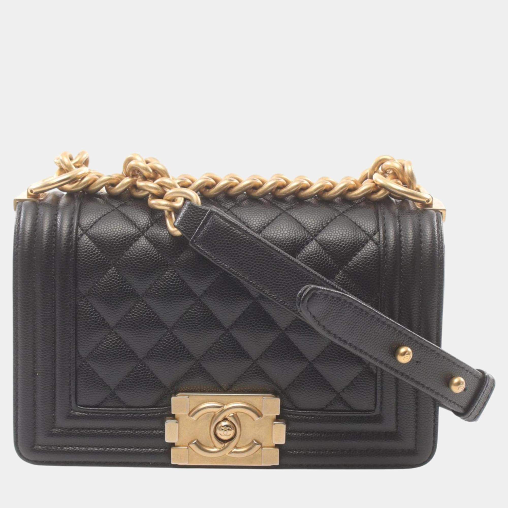 Chanel Black Leather Grained Calfskin Boy Chanel Small Chevron V-Stitch Shoulder Bag