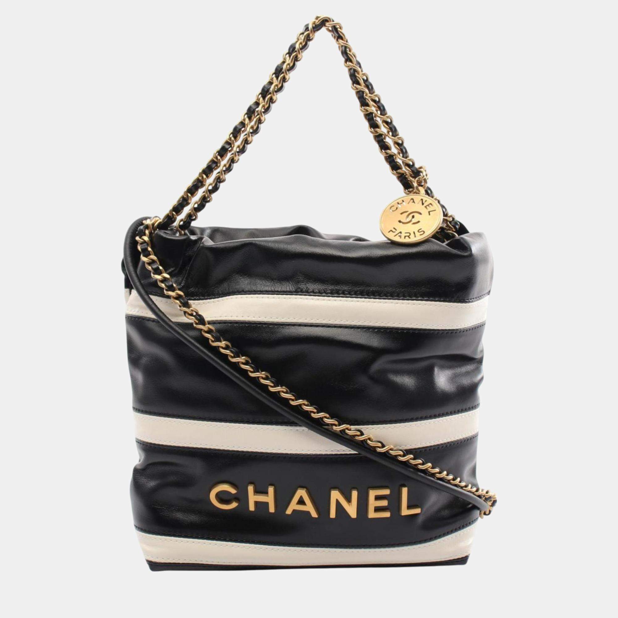 Chanel Black White Lambskin (Sheepskin) 22 Shoulder Bag