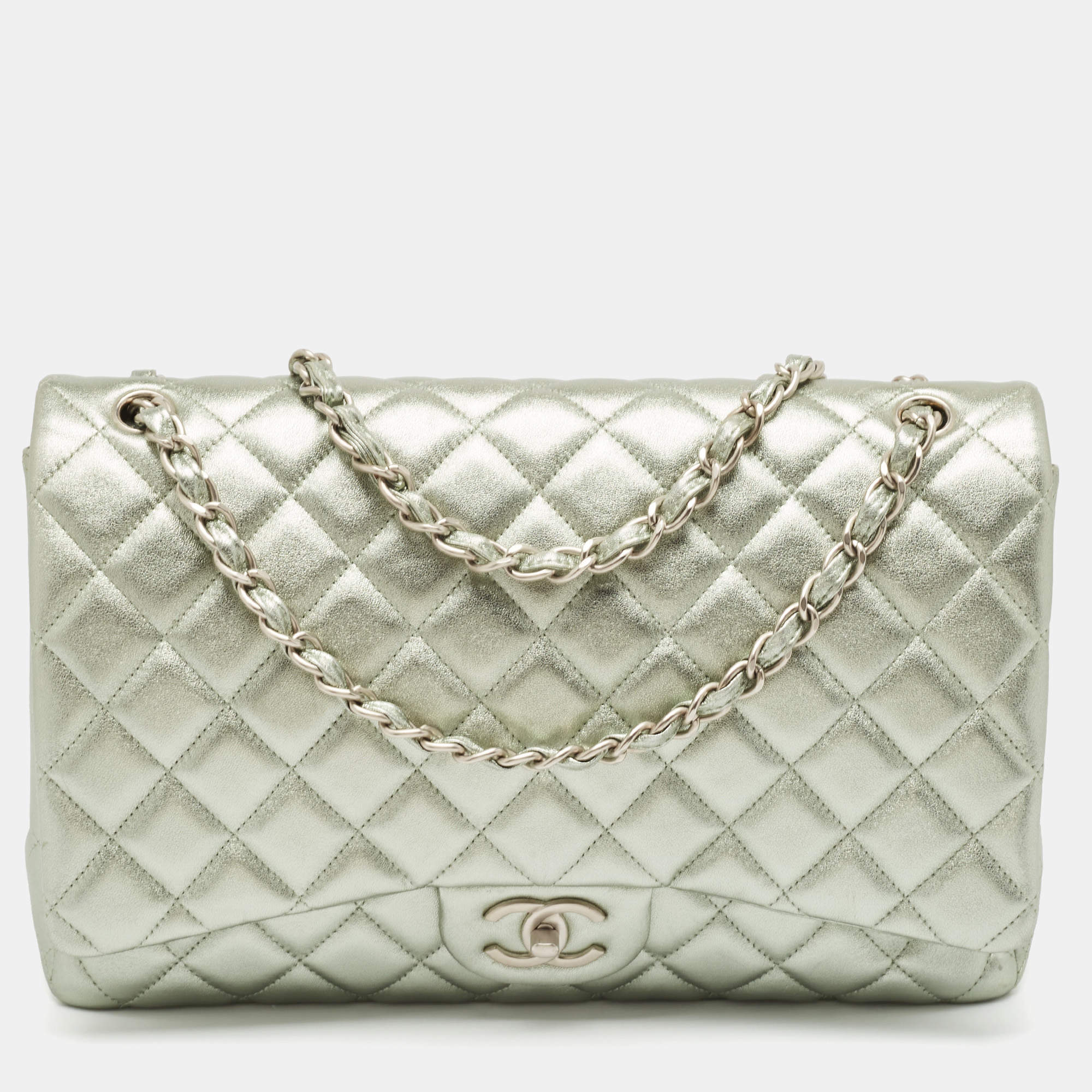 Chanel Metallic Mint Green Quilted Leather Maxi Classic Double Flap Bag