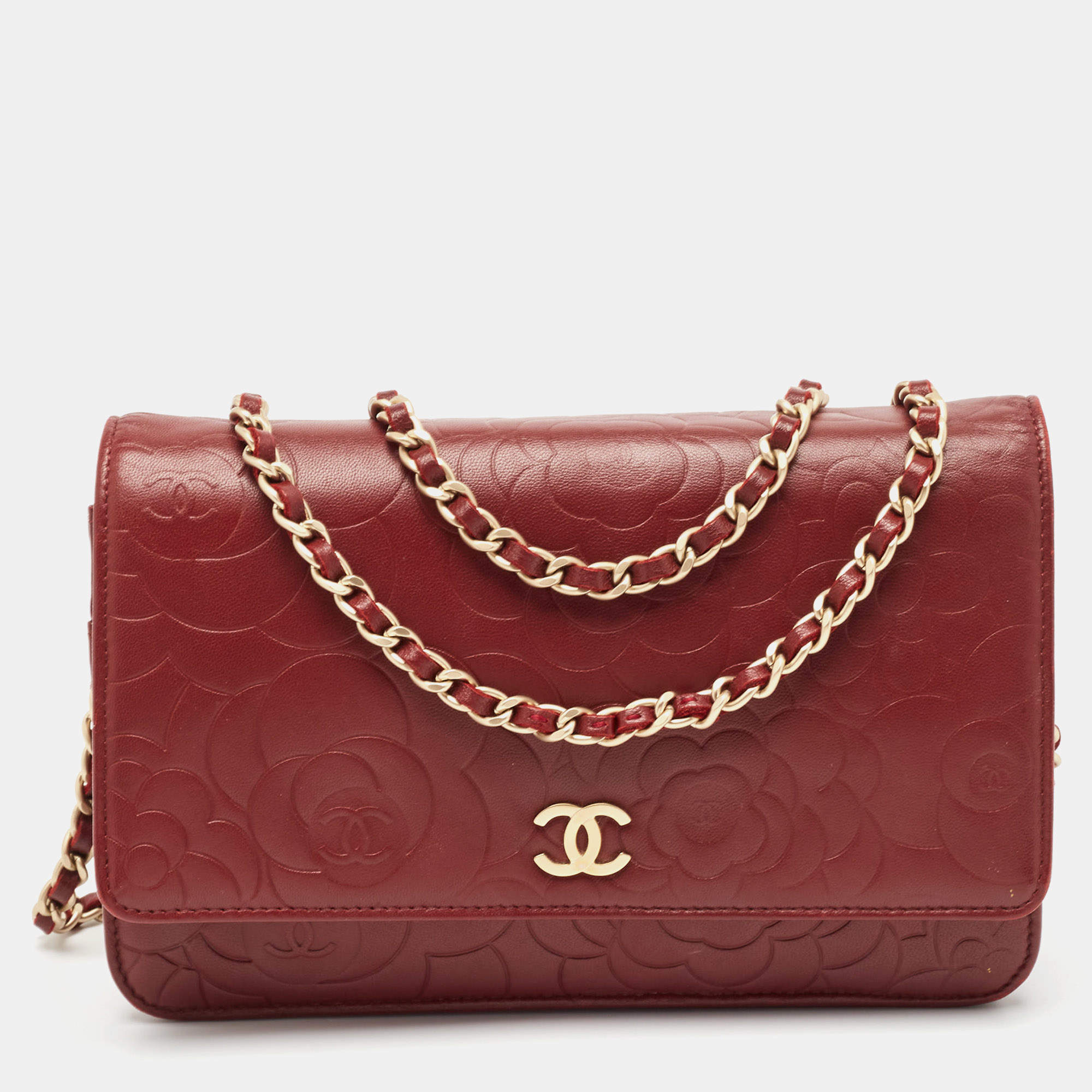 Pre Owned Chanel Red Leather Camellia WOC Clutch Bag