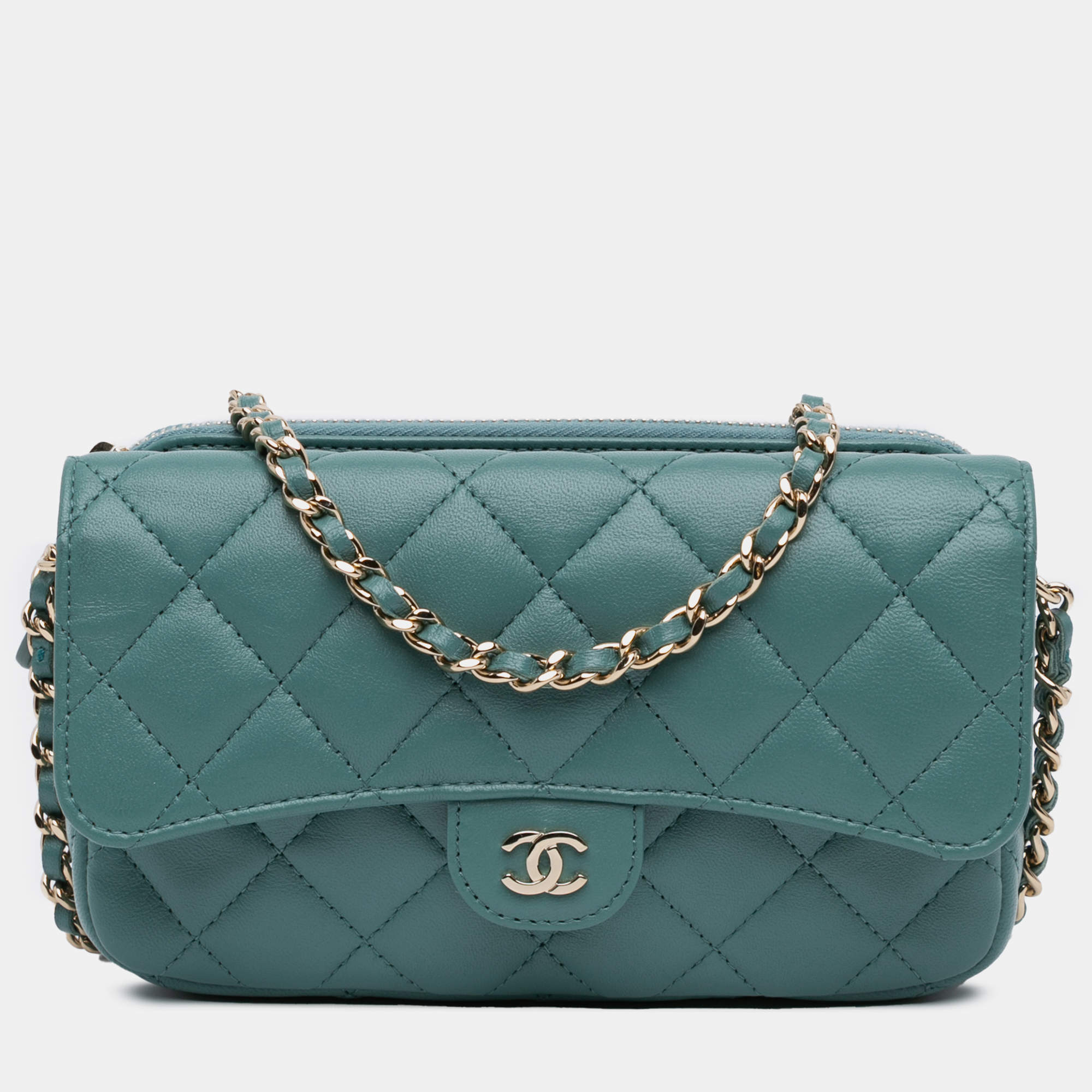 Pre Owned Chanel Blue Lambskin Leather Quilted Lambskin Flap Phone Holder With Chain