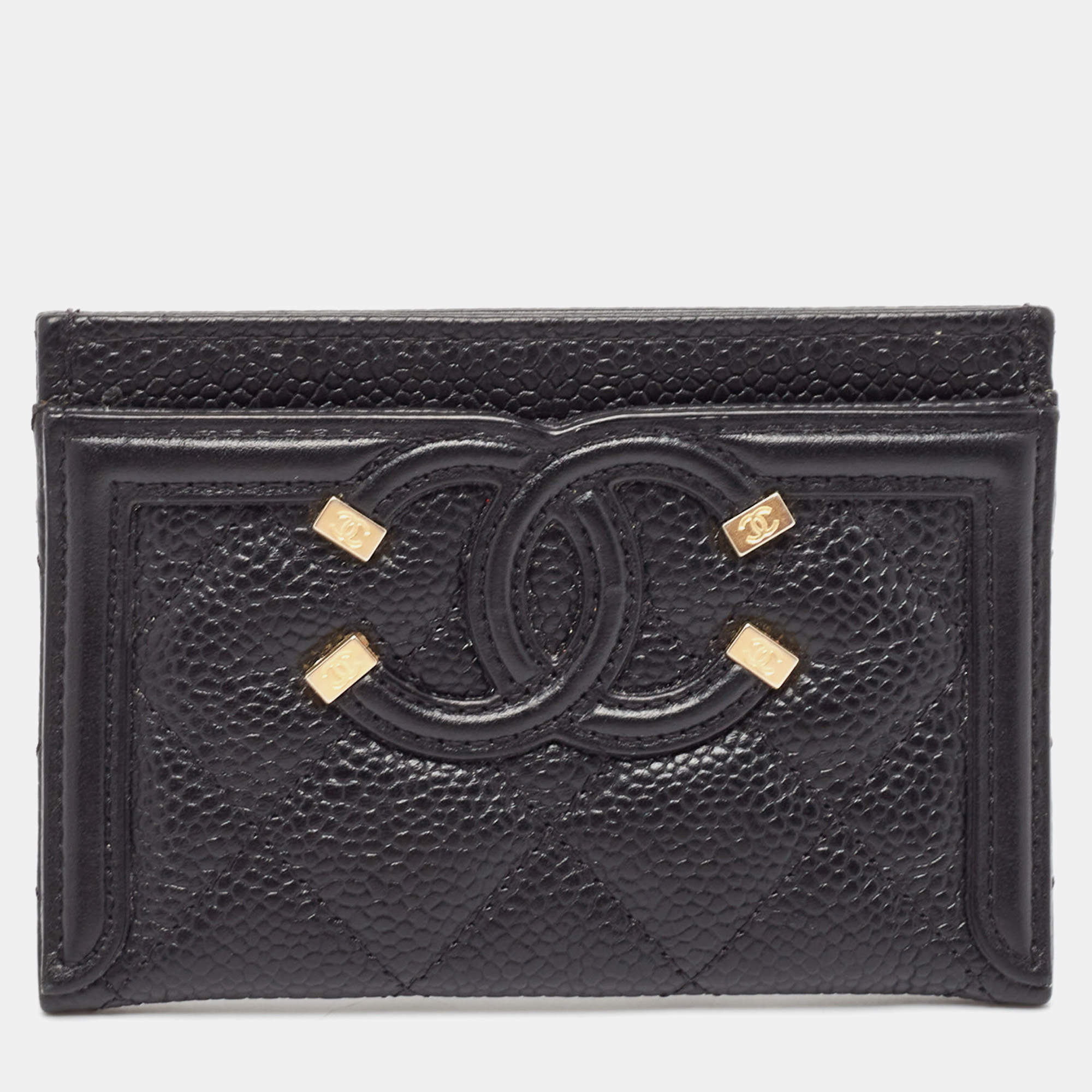 Chanel Black Quilted Caviar Leather Filigree Card Holder