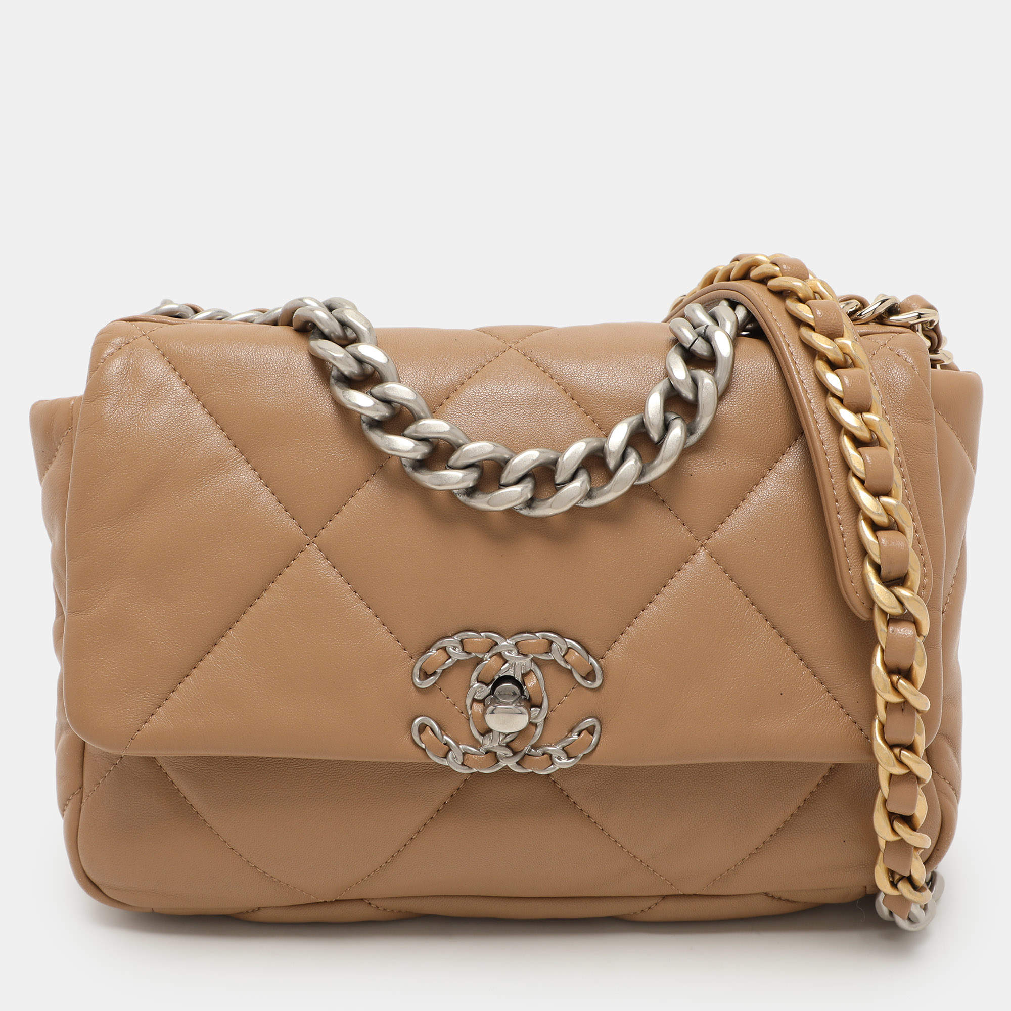 Pre Owned Chanel Beige Quilted Leather Small 19 Flap Bag