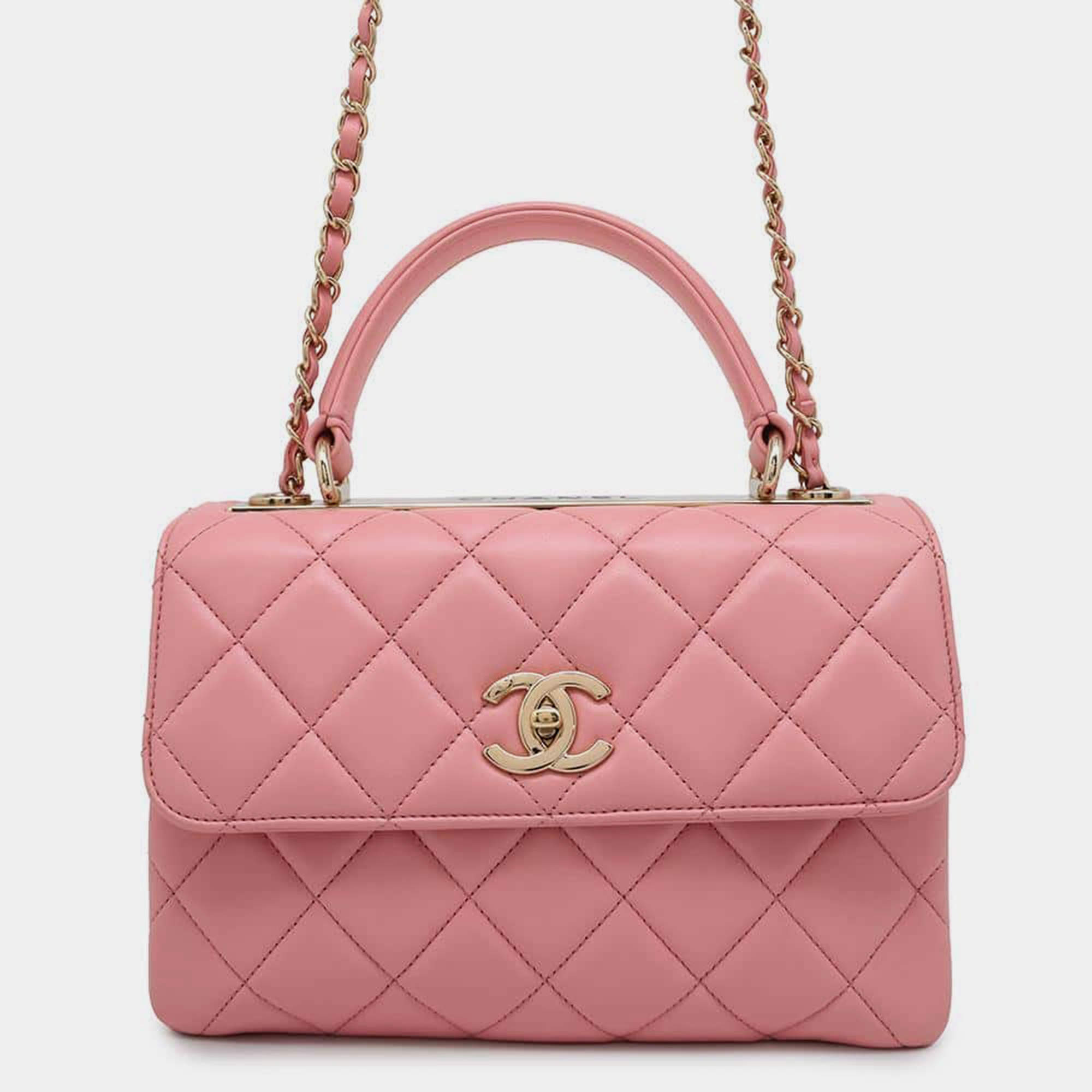Pre Owned Chanel Pink Lambskin Trendy Cc Top Handle Flap Bag
