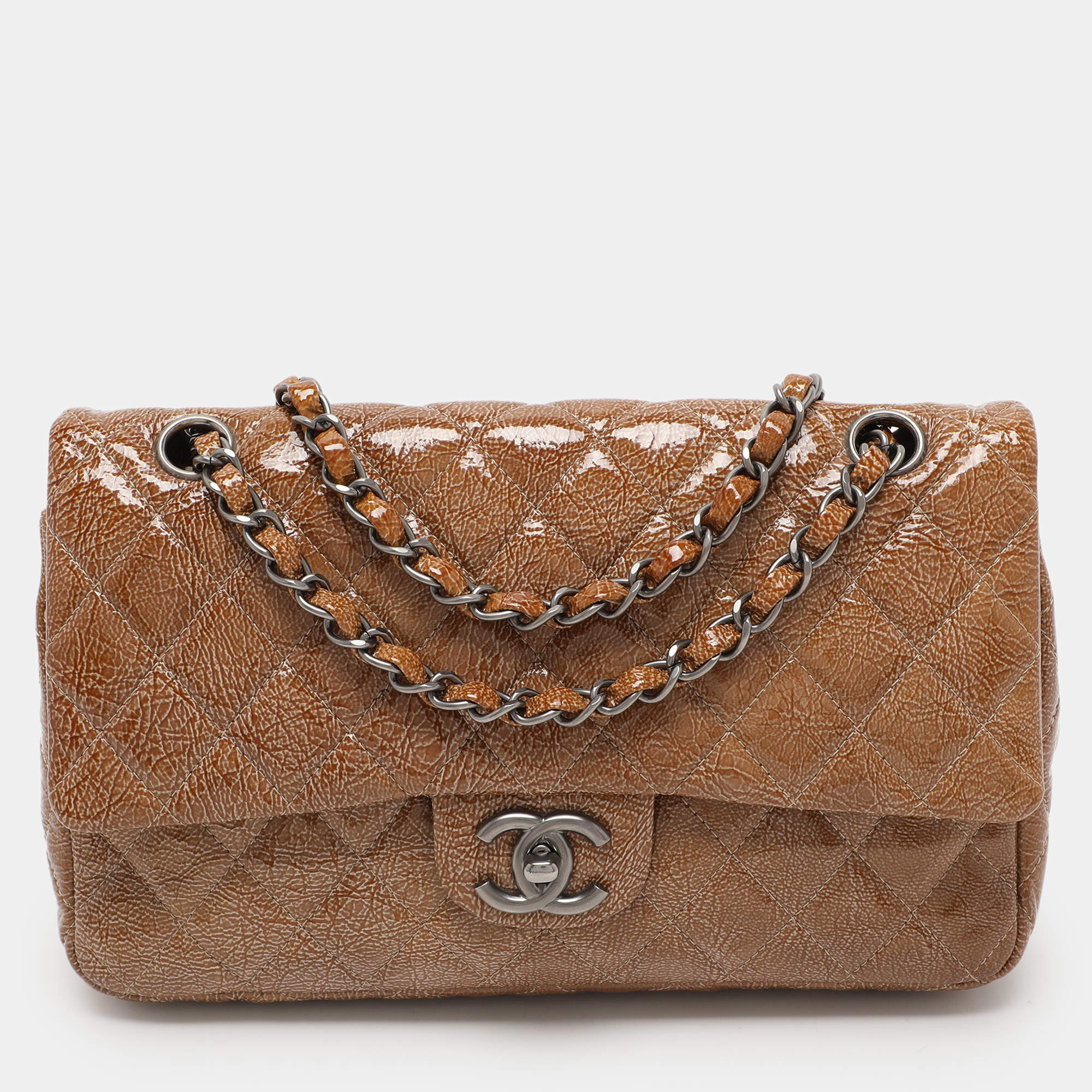 Pre Owned Chanel Camel Quilted Crinkled Patent Leather Medium Classic Double Flap Bag