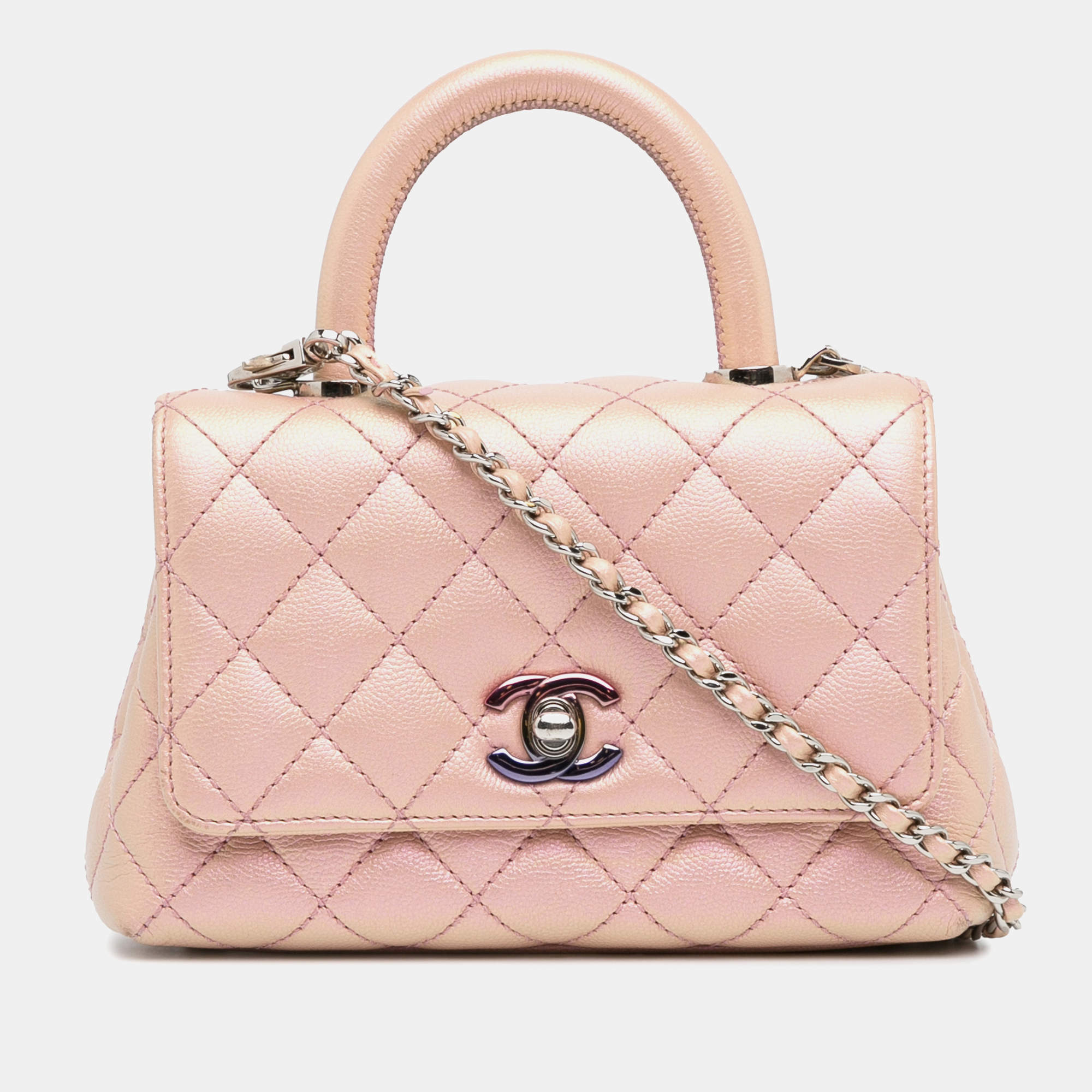 Pre Owned Chanel Pink Extra Mini Iridescent Caviar Coco Handle Bag