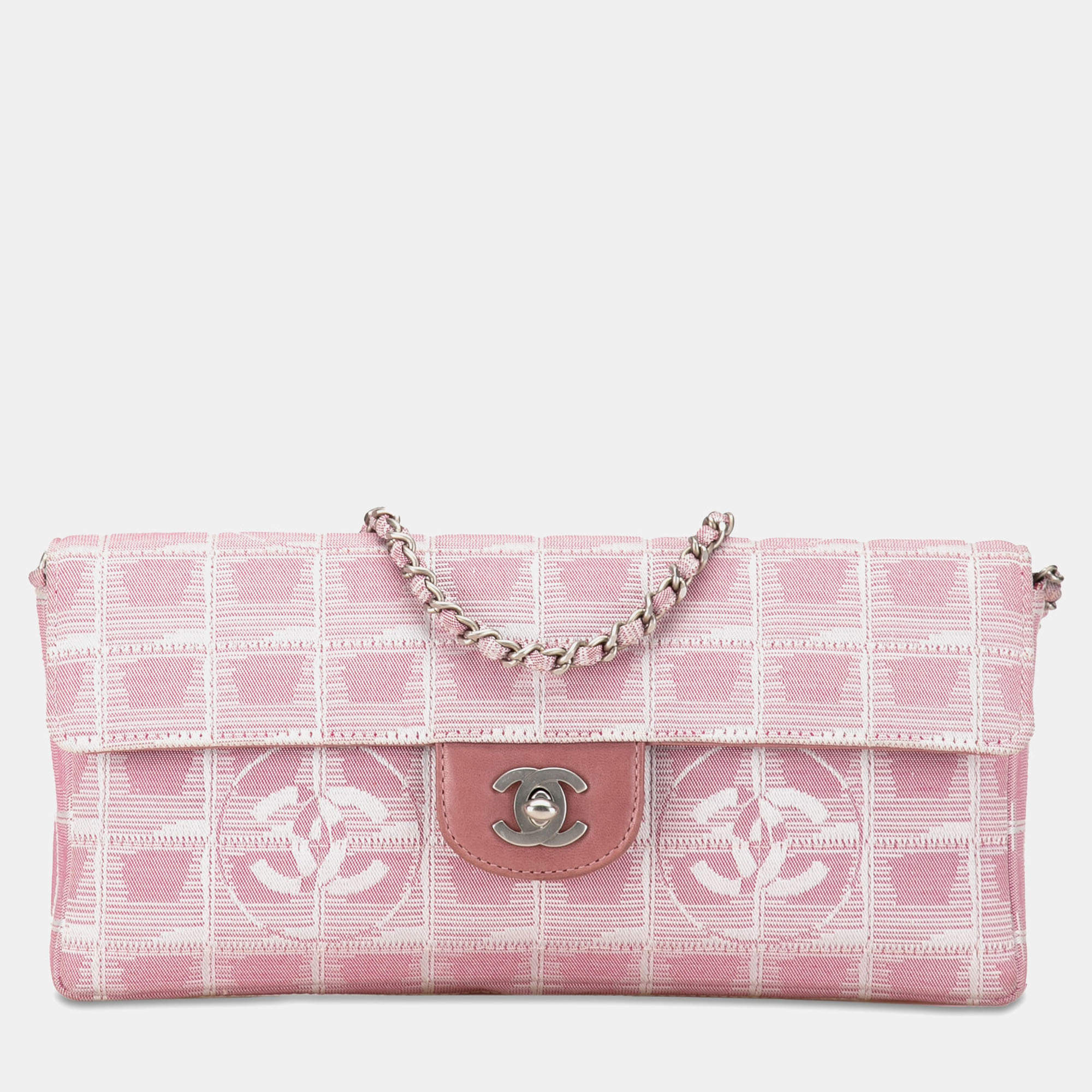 Pre Owned Chanel Pink Nylon New Travel Line East West Flap