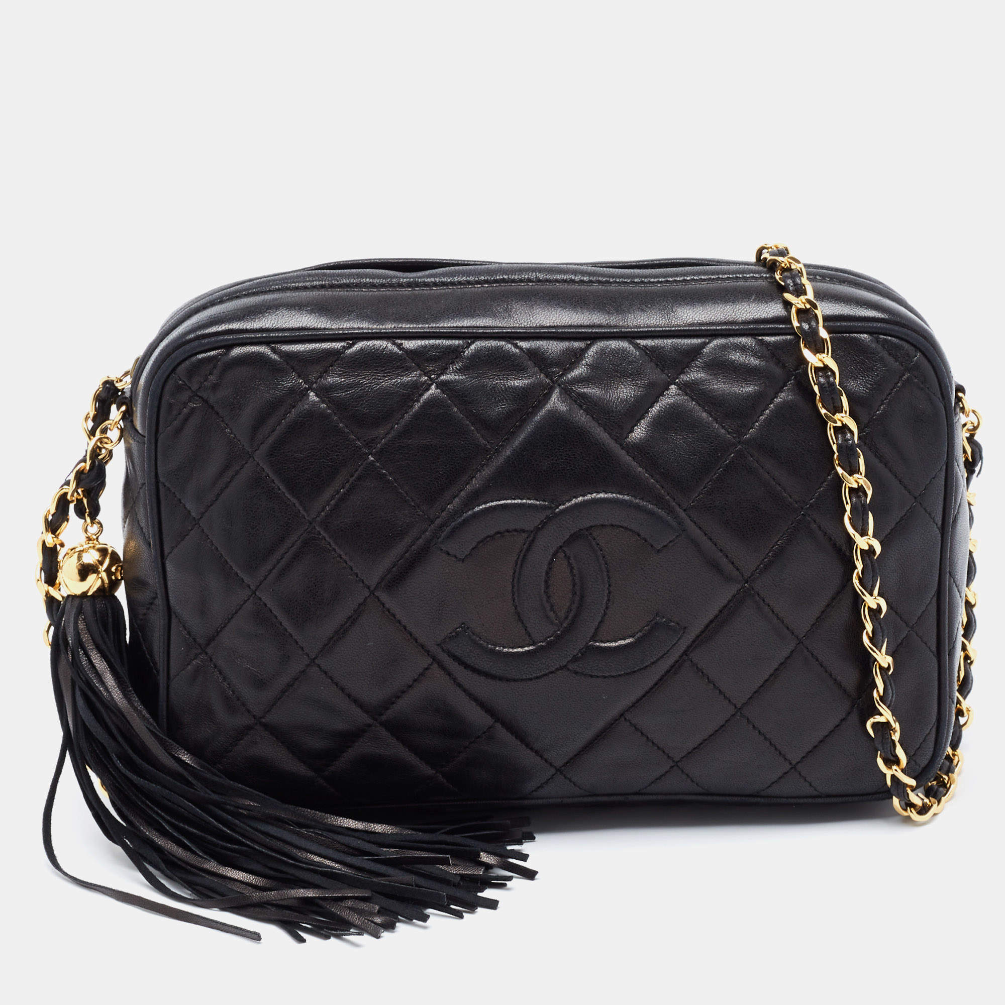 Pre Owned Chanel Black Quilted Leather Tassel Camera Bag