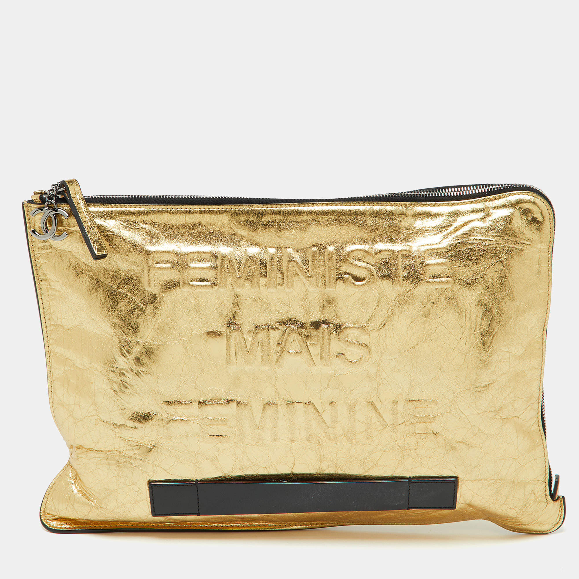 Pre Owned Chanel Metallic Gold Crinkled Leather Large Feminine Pouch
