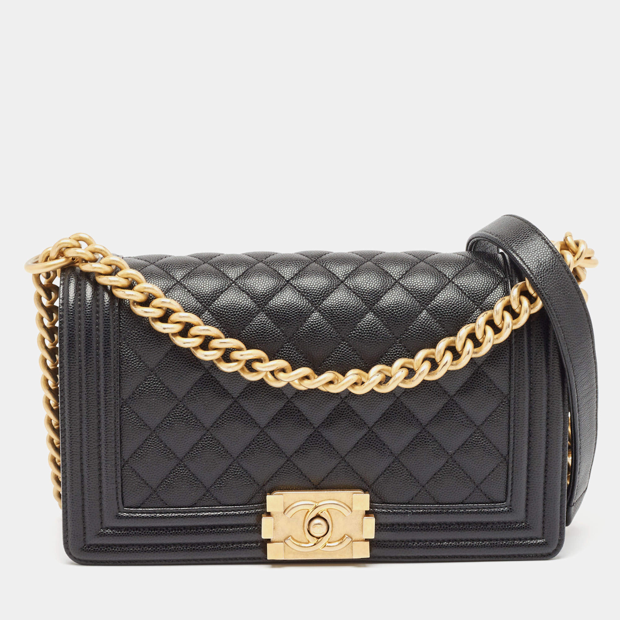 Pre Owned Chanel Black Quilted Caviar Leather Medium Boy Flap Bag