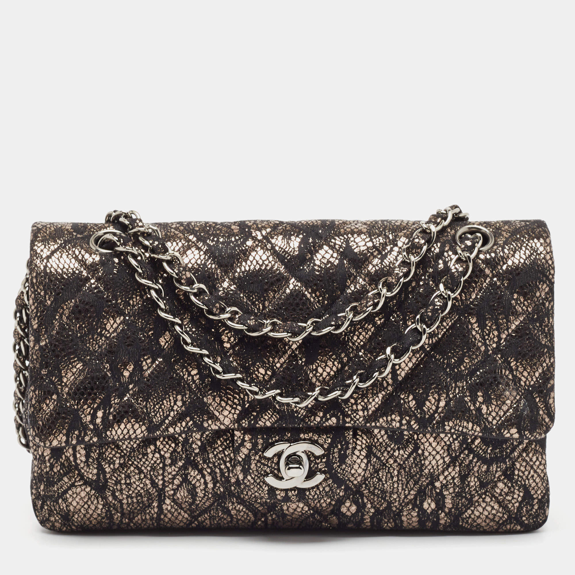 Pre Owned Chanel Black/Metallic Quilted Lace Medium Classic Double Flap Bag