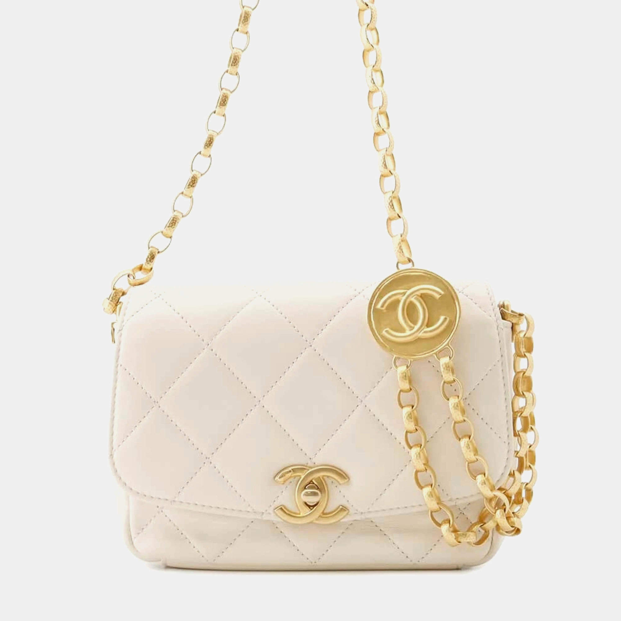 Chanel Lambskin White Coco Mark Matelasse Coin Motif Chain Shoulder Bag