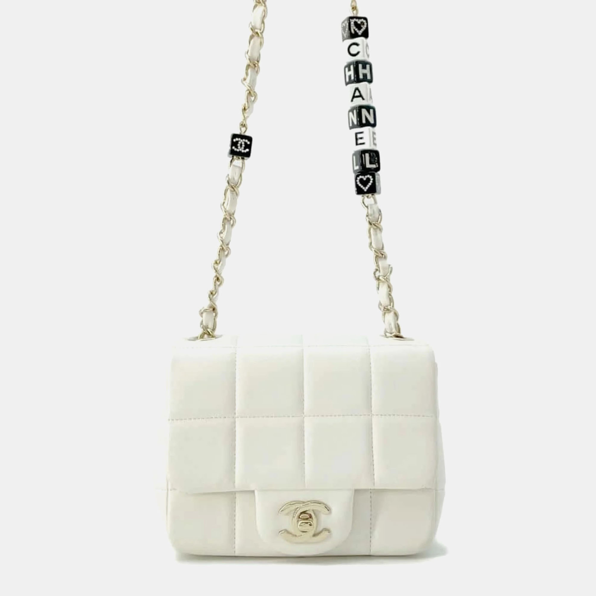 Chanel Lambskin White Coco Mark Chocolate Bar Flap Chain Shoulder Bag